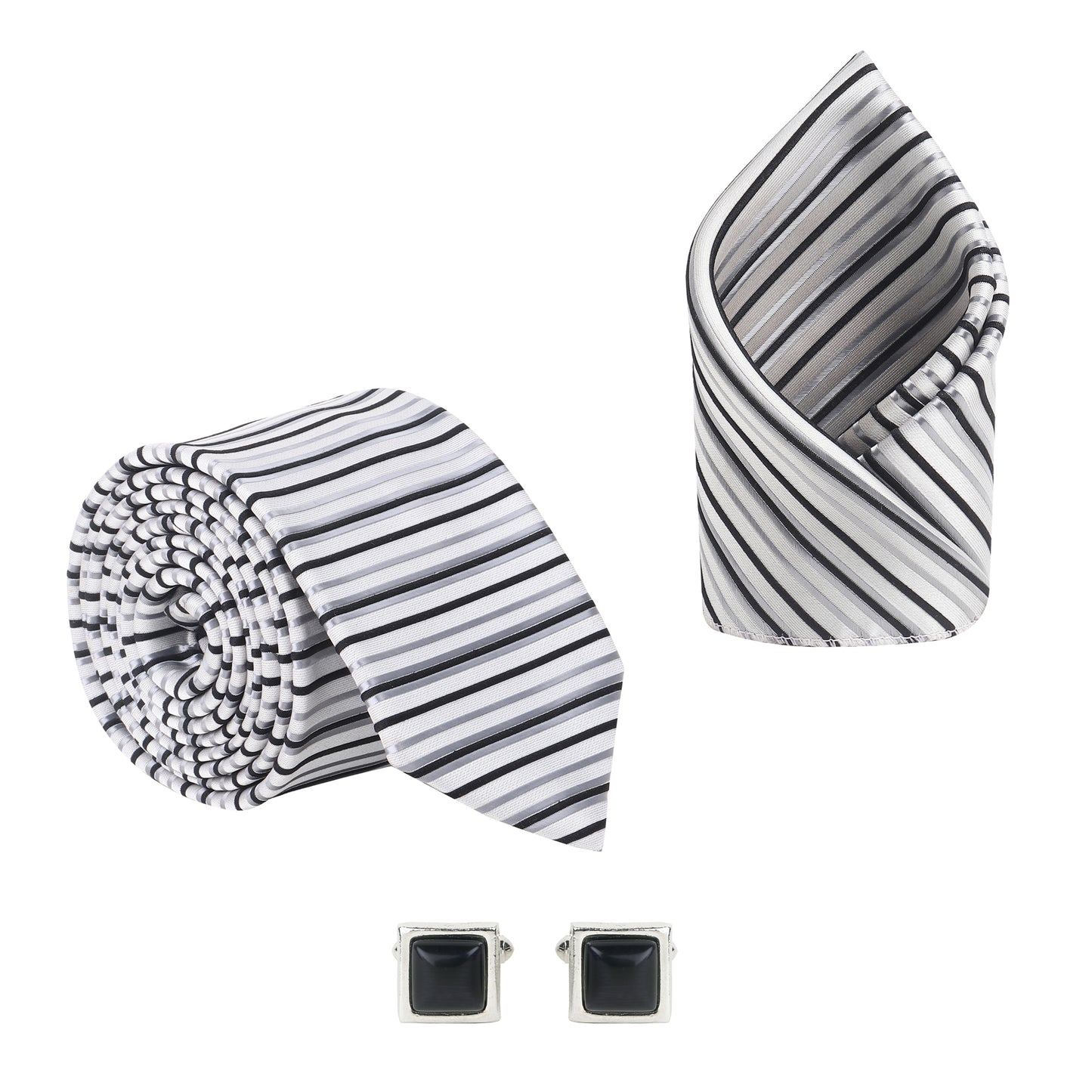 Kanthlangot Men’s 3-Piece Formal Set – Striped Tie, Pocket Square & Black Stone Silver Cufflinks (3-Inch Necktie)