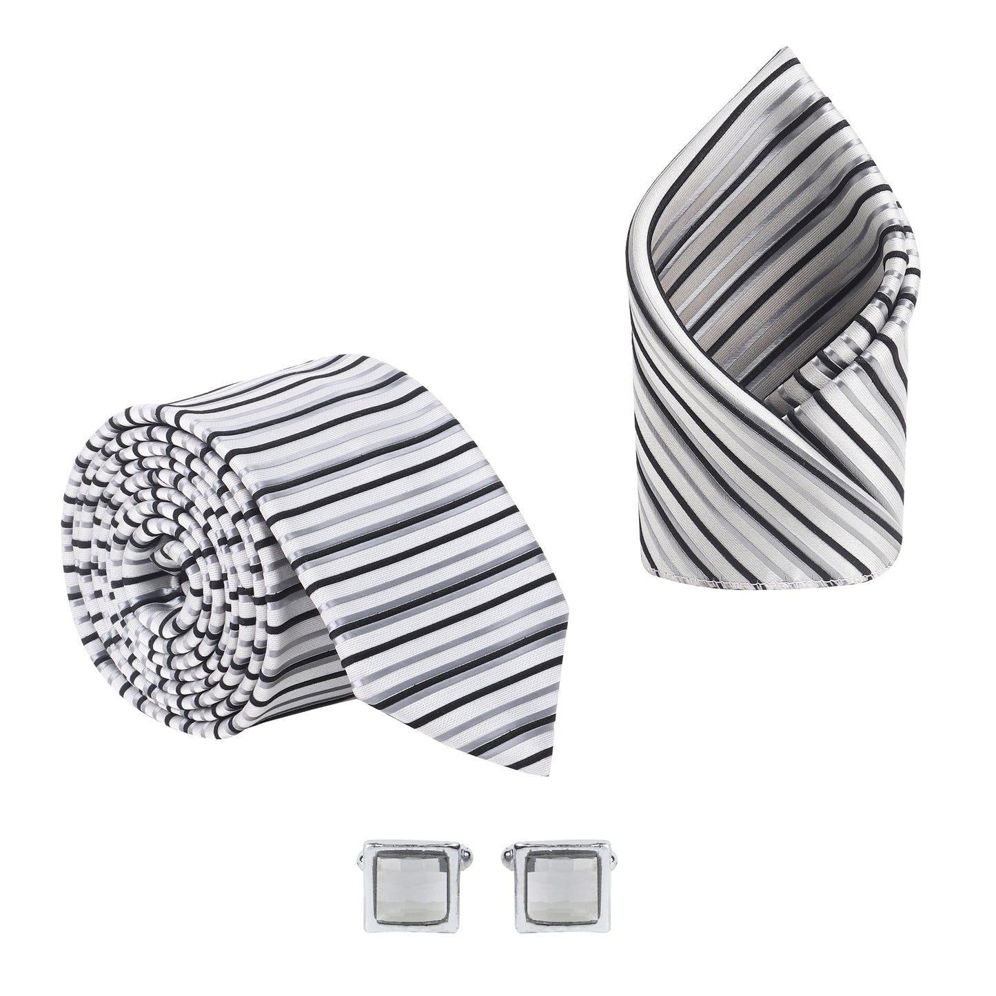 Kanthlangot Men’s 3-Piece Formal Set – Striped Tie, Pocket Square & Silver Crystal Cufflinks (3-Inch Necktie)