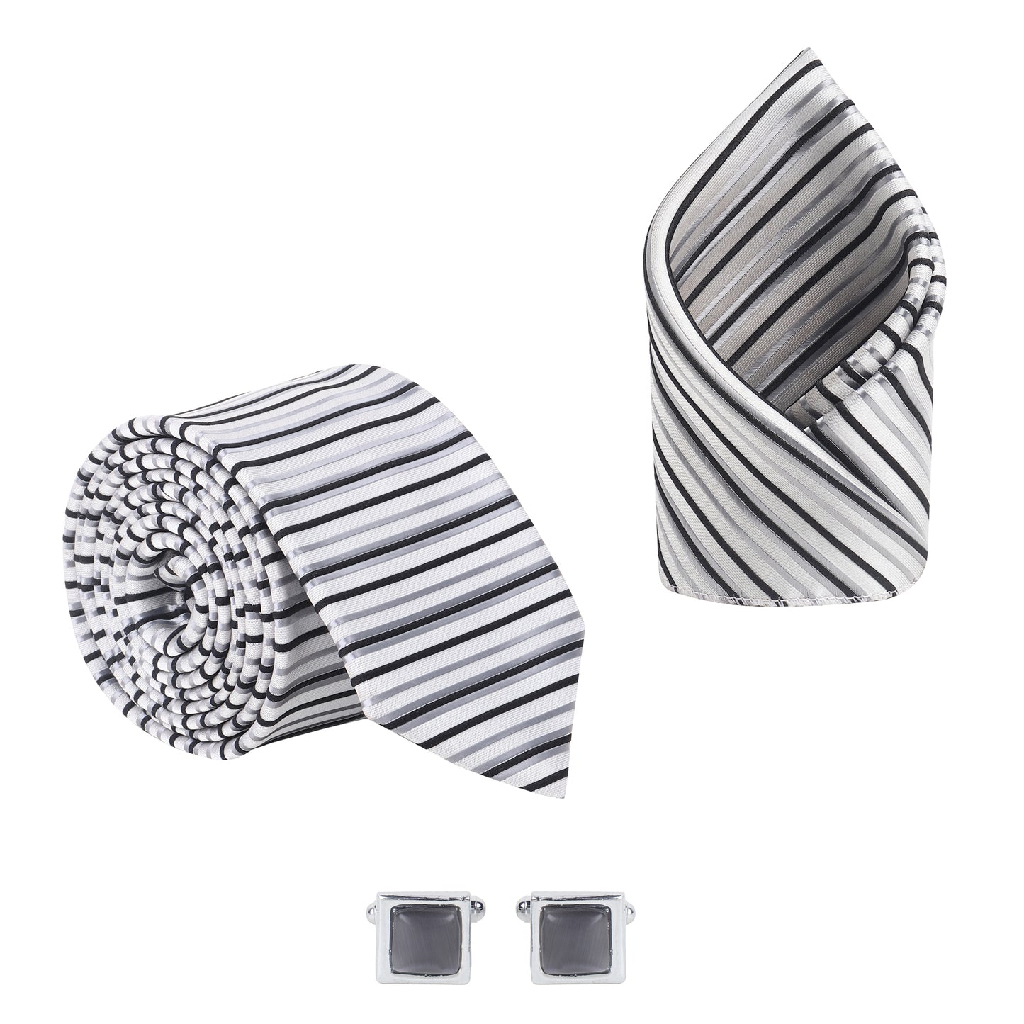 Kanthlangot Men’s 3-Piece Formal Set – Striped Tie, Pocket Square & Black Stone Silver Cufflinks (3-Inch Necktie)