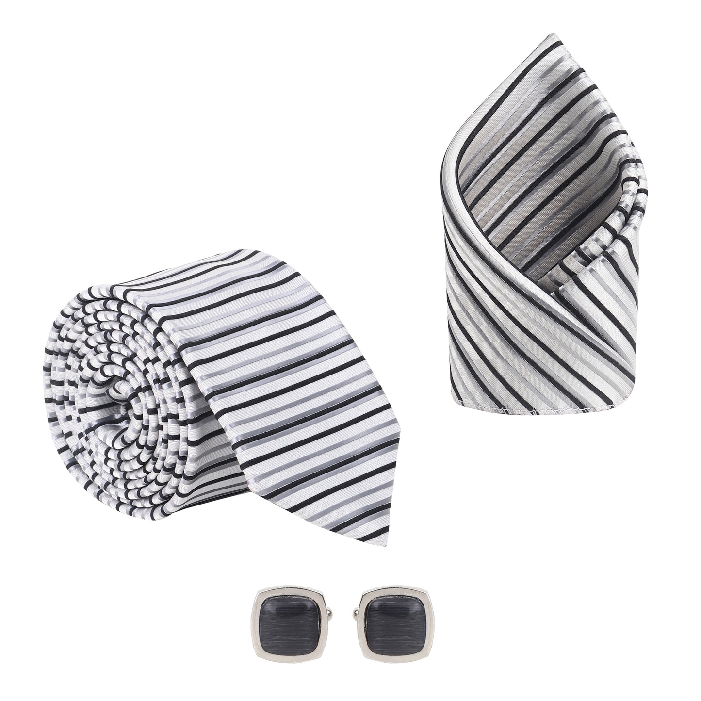 Kanthlangot Men’s Formal Set – White Grey Black Striped Tie, Pocket Square & Black Stone Cufflinks (3-Inch Necktie)