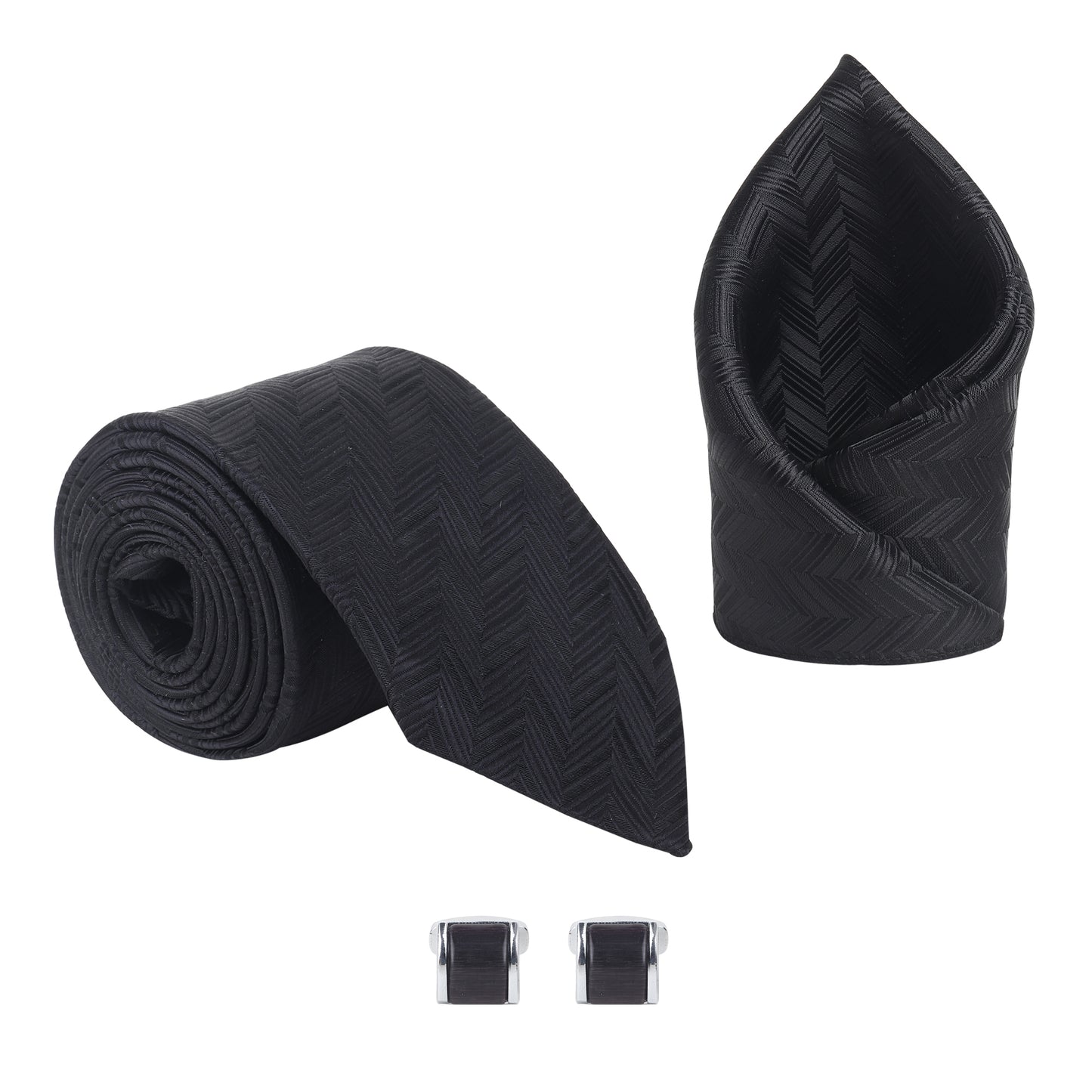 Kanthlangot Men’s 3-Piece Formal Set – Black Herringbone Tie, Pocket Square & Rectangular Black Cufflinks (3-Inch Necktie)