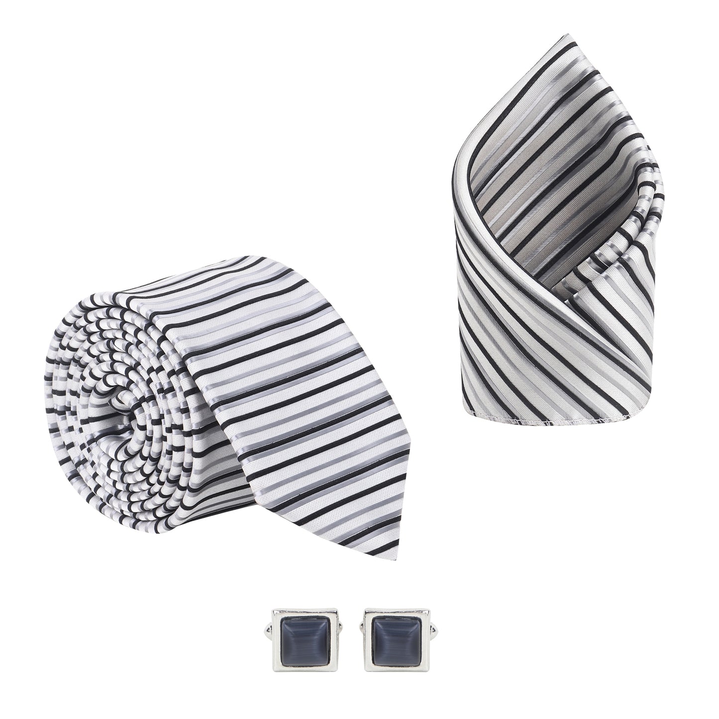 Kanthlangot Men’s 3-Piece Formal Set – Striped Tie, Pocket Square & Black Stone Cufflinks (3-Inch Necktie)