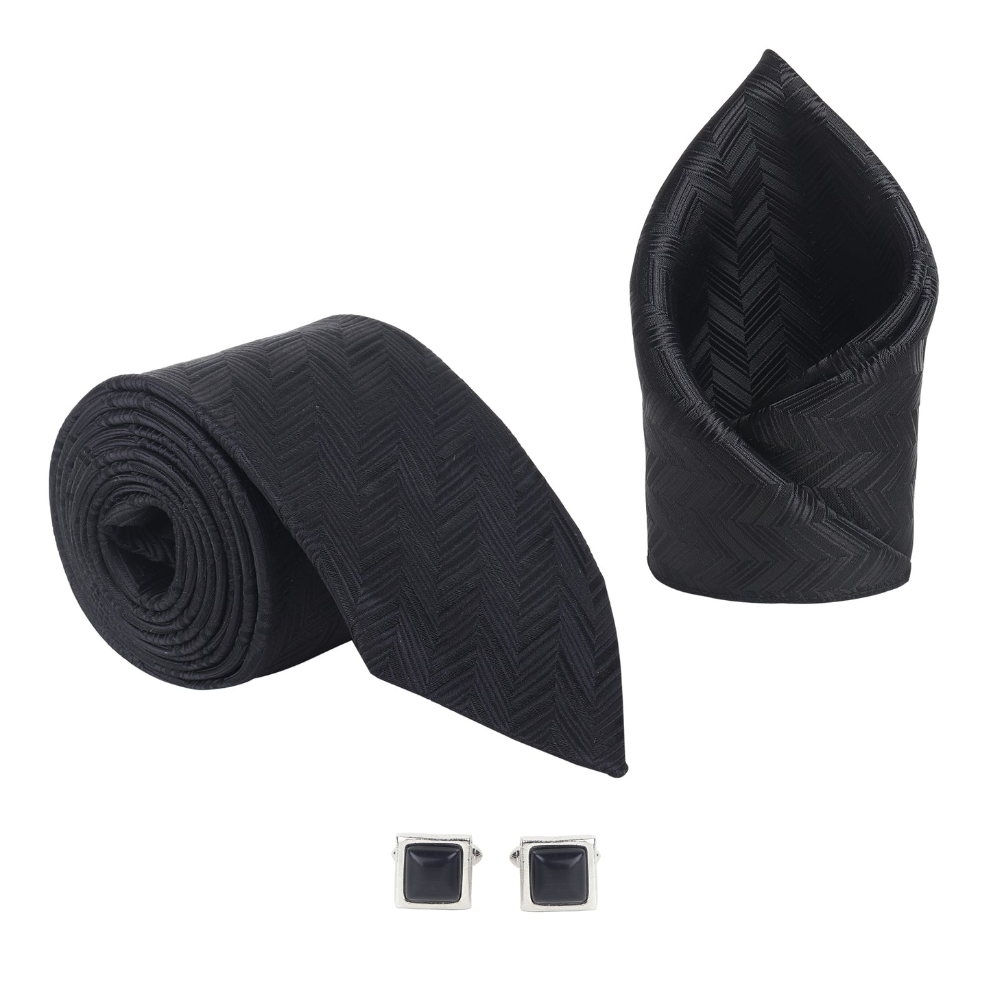 Kanthlangot Men’s 3-Piece Formal Set – Black Herringbone Tie, Pocket Square & Jet Black Stone Cufflinks (3-Inch Necktie)
