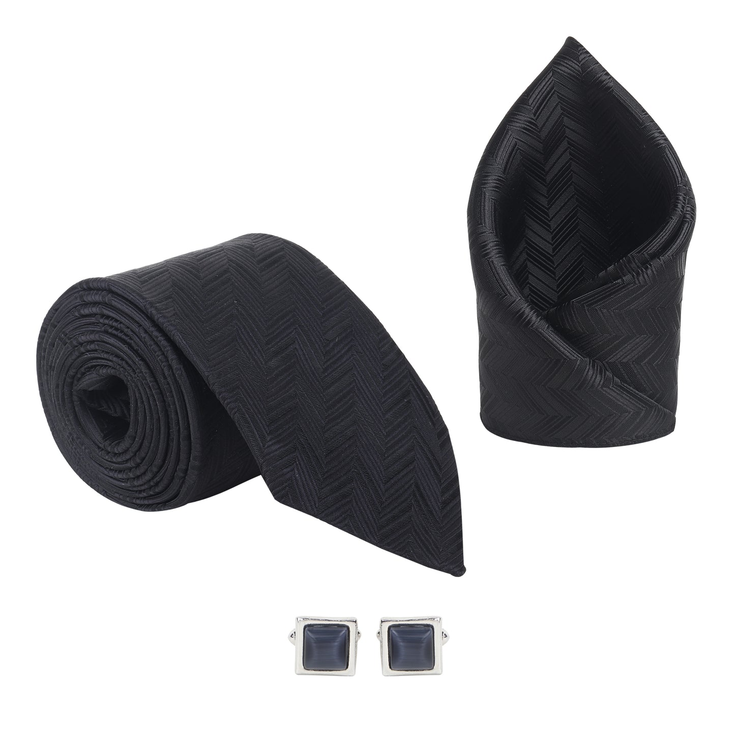 Kanthlangot Men’s 3-Piece Formal Set – Black Herringbone Tie, Pocket Square & Square Black Stone Cufflinks (3-Inch Necktie)