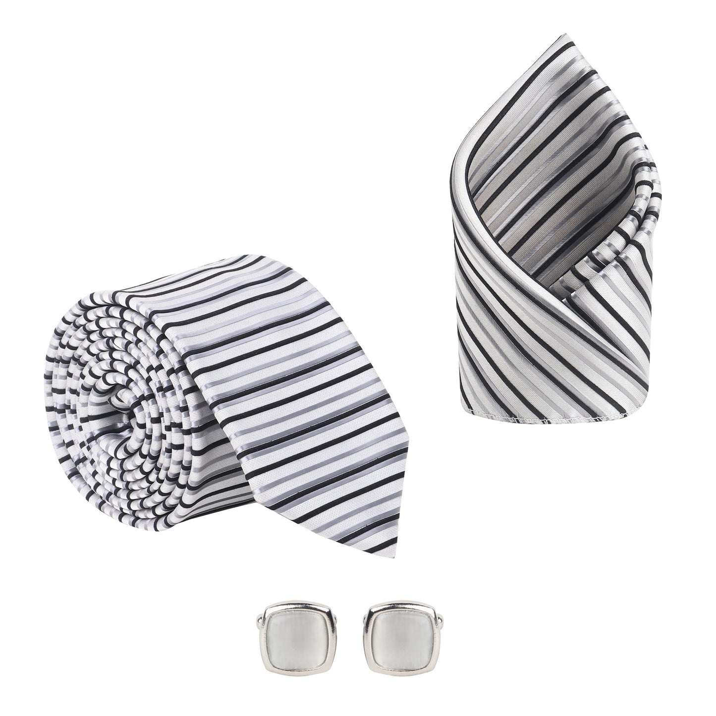 Kanthlangot men’s striped tie set with pocket square & silver crystal cufflinks. Ideal for weddings, corporate events, and sophisticated gifting.