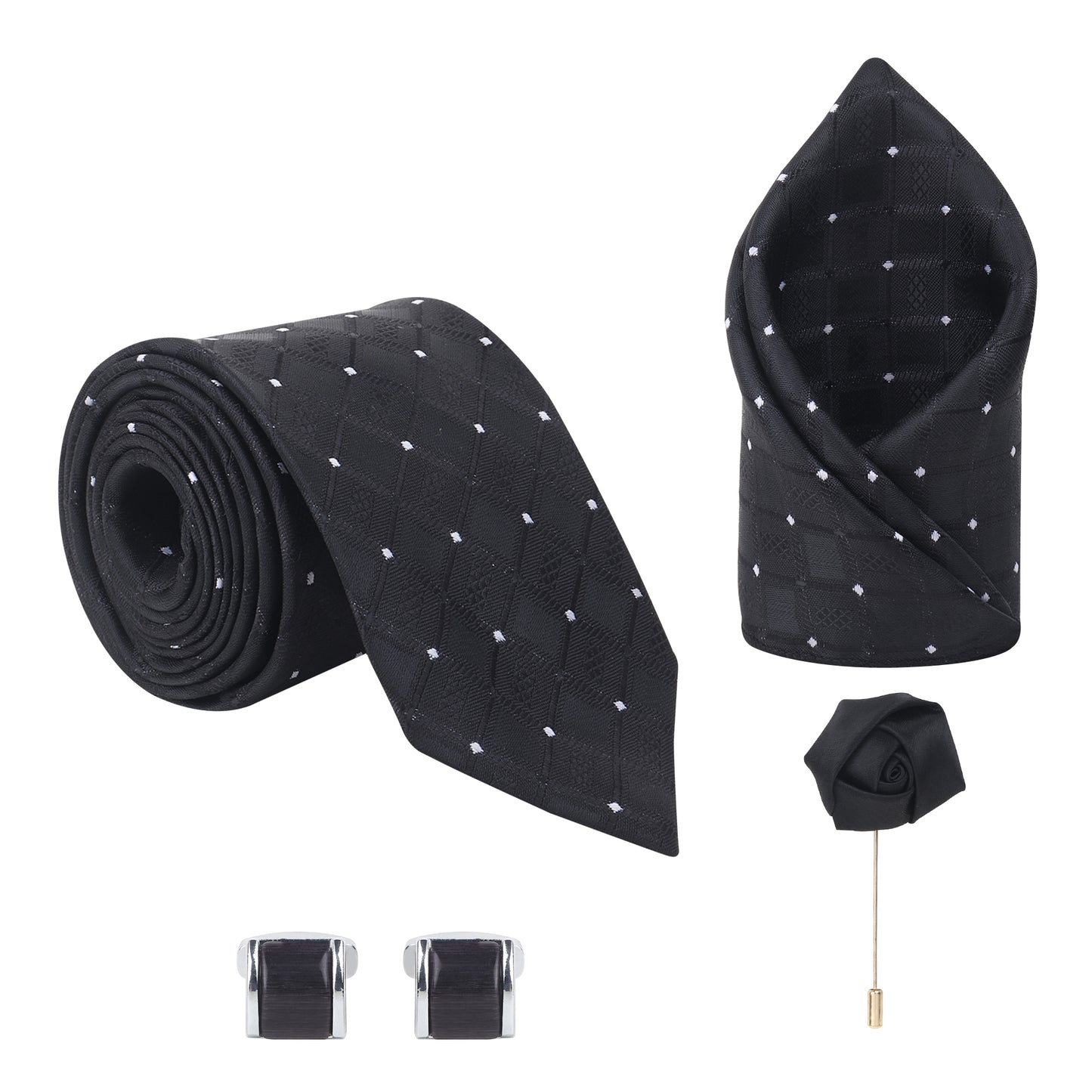 Kanthlangot Set of 4: Black Diamond Texture Necktie, Pocket Square, Glossy Cufflinks & Lapel Pin in Gift Box