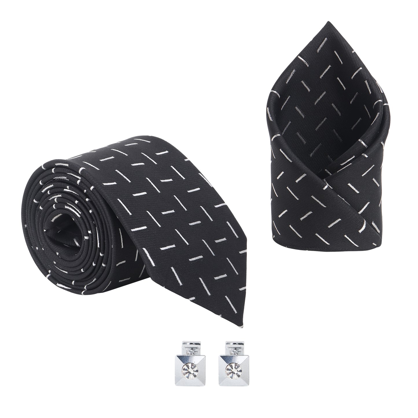 Kanthlangot Men’s 3-Piece Formal Set – Black Dash Tie, Pocket Square & Crystal Pyramid Cufflinks (3-Inch Necktie)