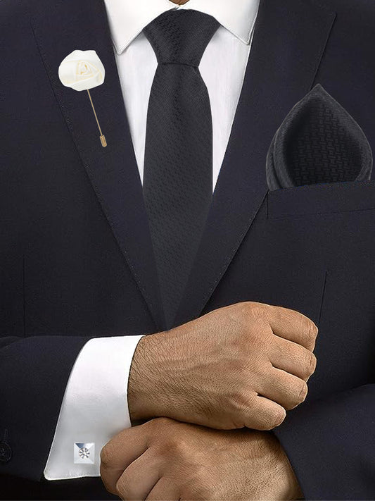 Kanthlangot Black Textured Tie, Pocket Square, Cufflinks & White Flower Lapel Pin Set (4-Piece Gift Box)
