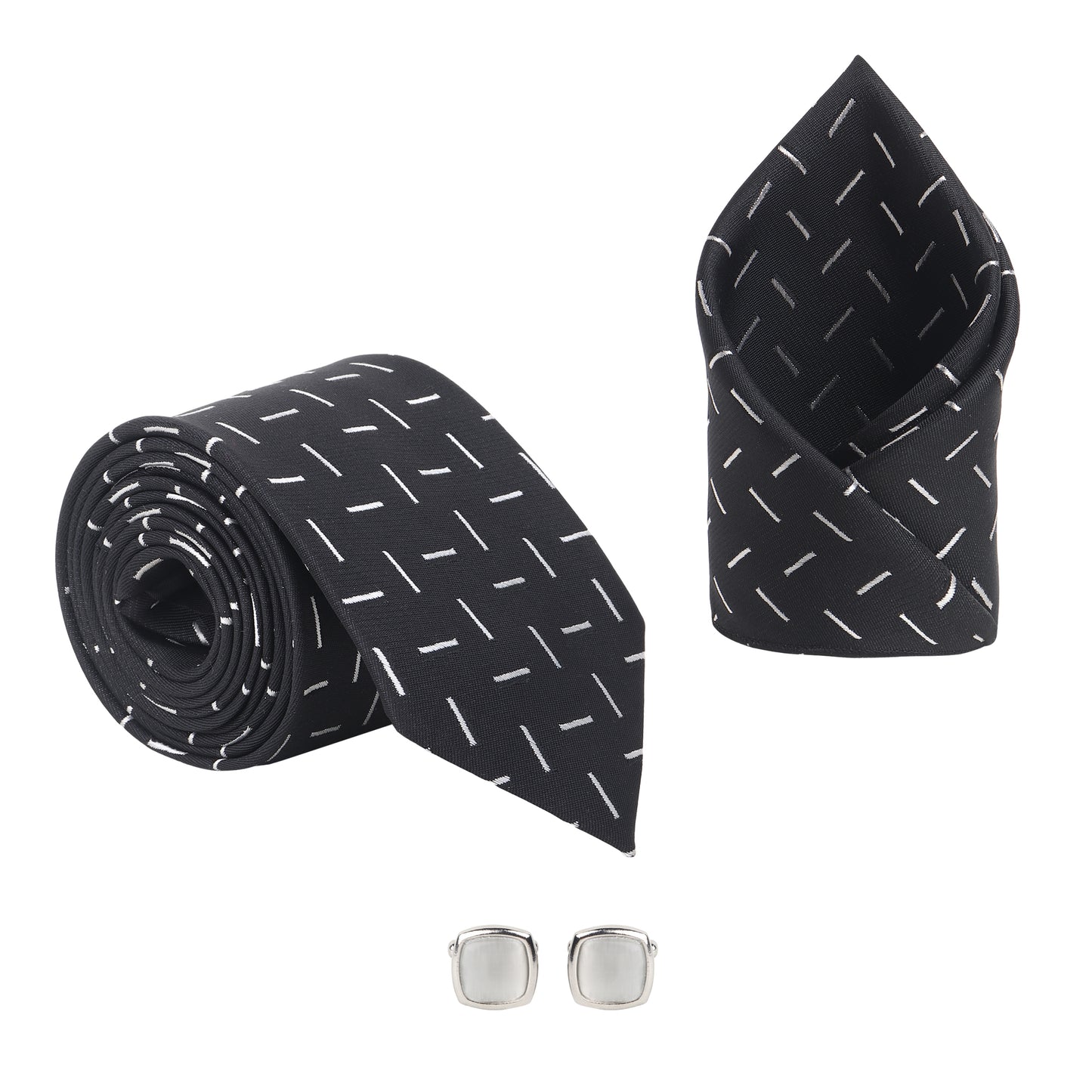 Kanthlangot Men’s 3-Piece Formal Set – Black Dash Tie, Pocket Square & Light Silver Cufflinks (3-Inch Necktie)