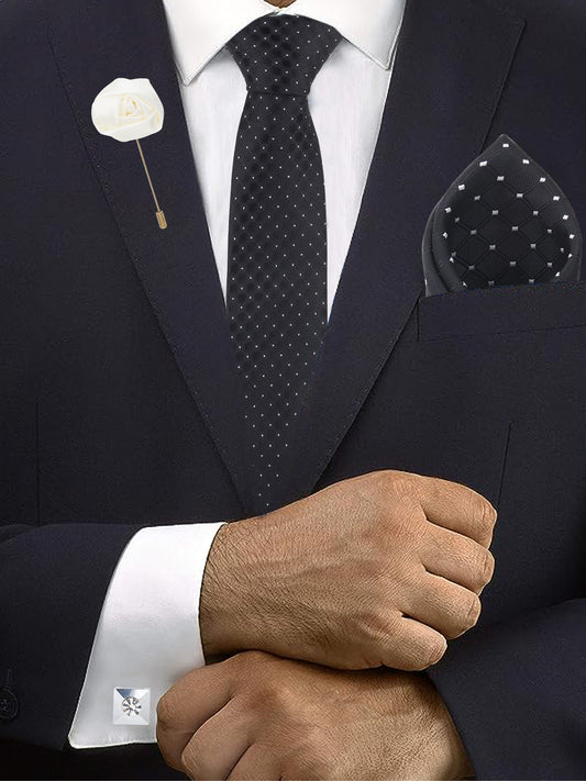 Kanthlangot grey-black striped necktie gift set of 4 with pocket square, cufflinks & lapel pin. 3”x58”. Dry clean only. Stylish & gift-ready.