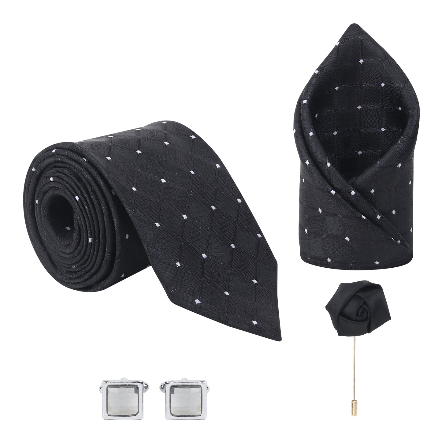 Kanthlangot Set of 4: Black Diamond Necktie, Pocket Square, Crystal Cufflinks & Black Lapel Pin in Gift Box