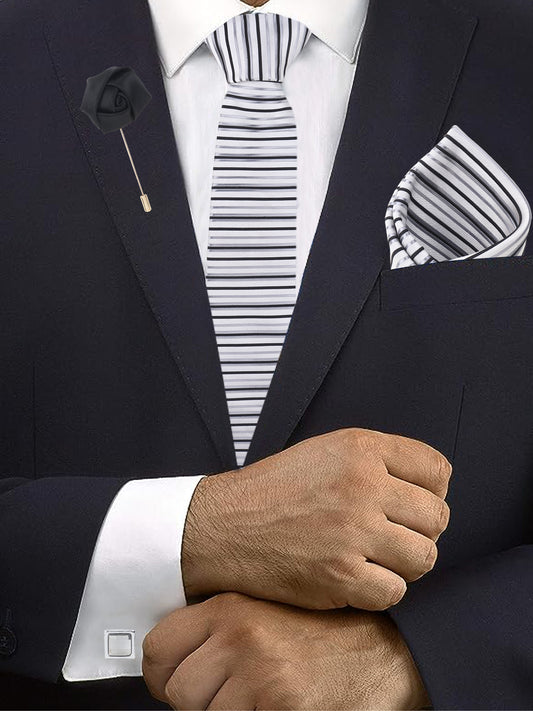 Kanthlangot Set of 4: White-Grey Striped Tie, Pocket Square, Black Lapel Pin & Crystal Cufflinks in Gift Box