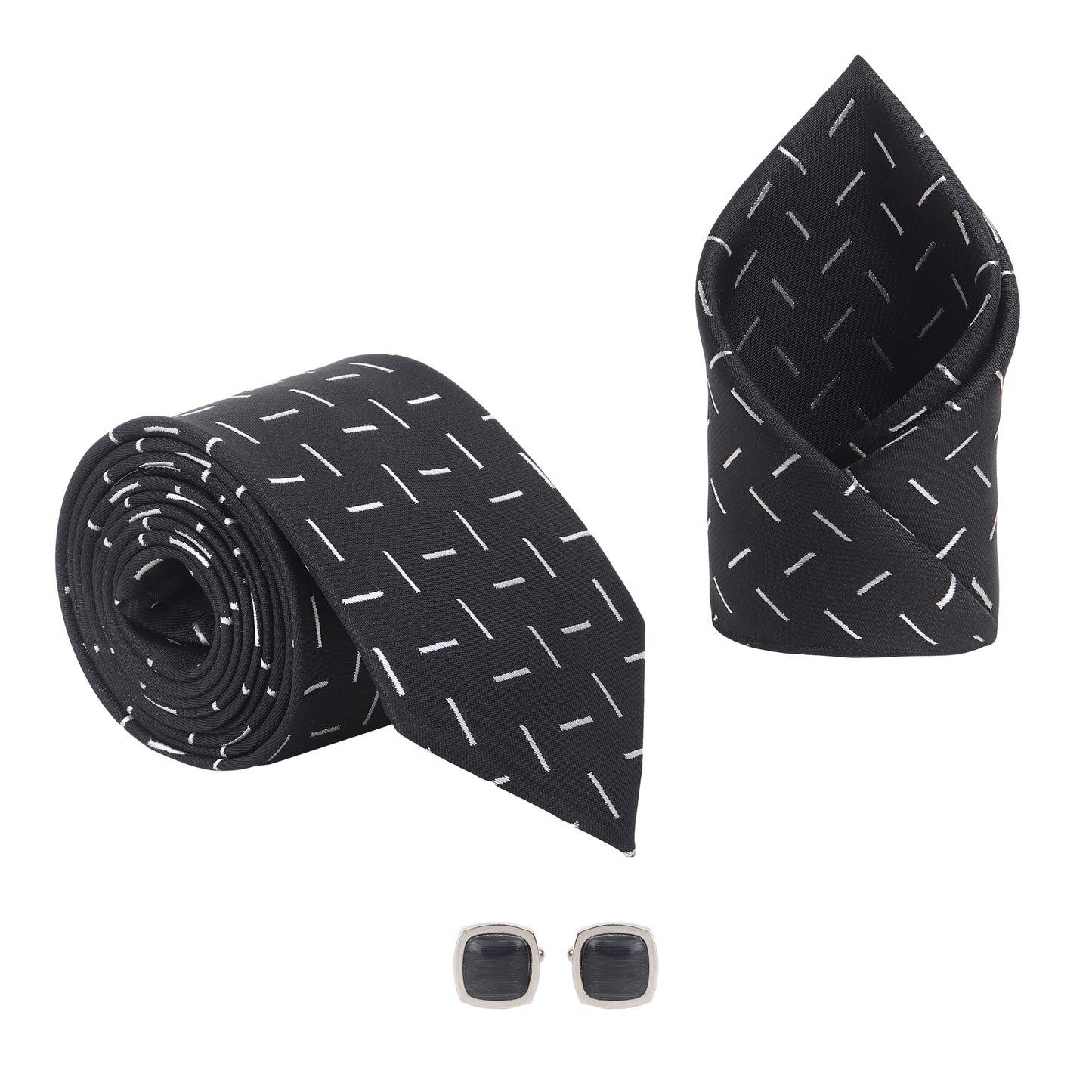 Kanthlangot Men’s 3-Piece Formal Set – Black Dash Tie, Pocket Square & Rounded Black Stone Cufflinks (3-Inch Necktie)