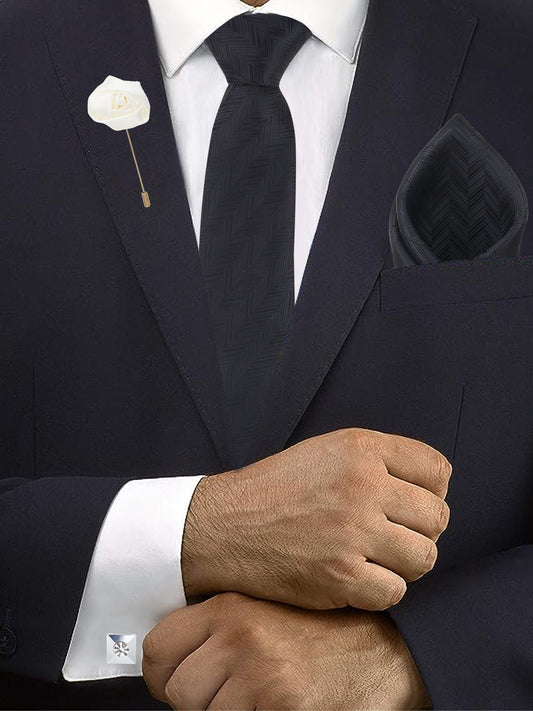 Kanthlangot Set of 4: Black Chevron Tie, Pocket Square, Crystal Cufflinks & White Lapel Pin in Gift Box