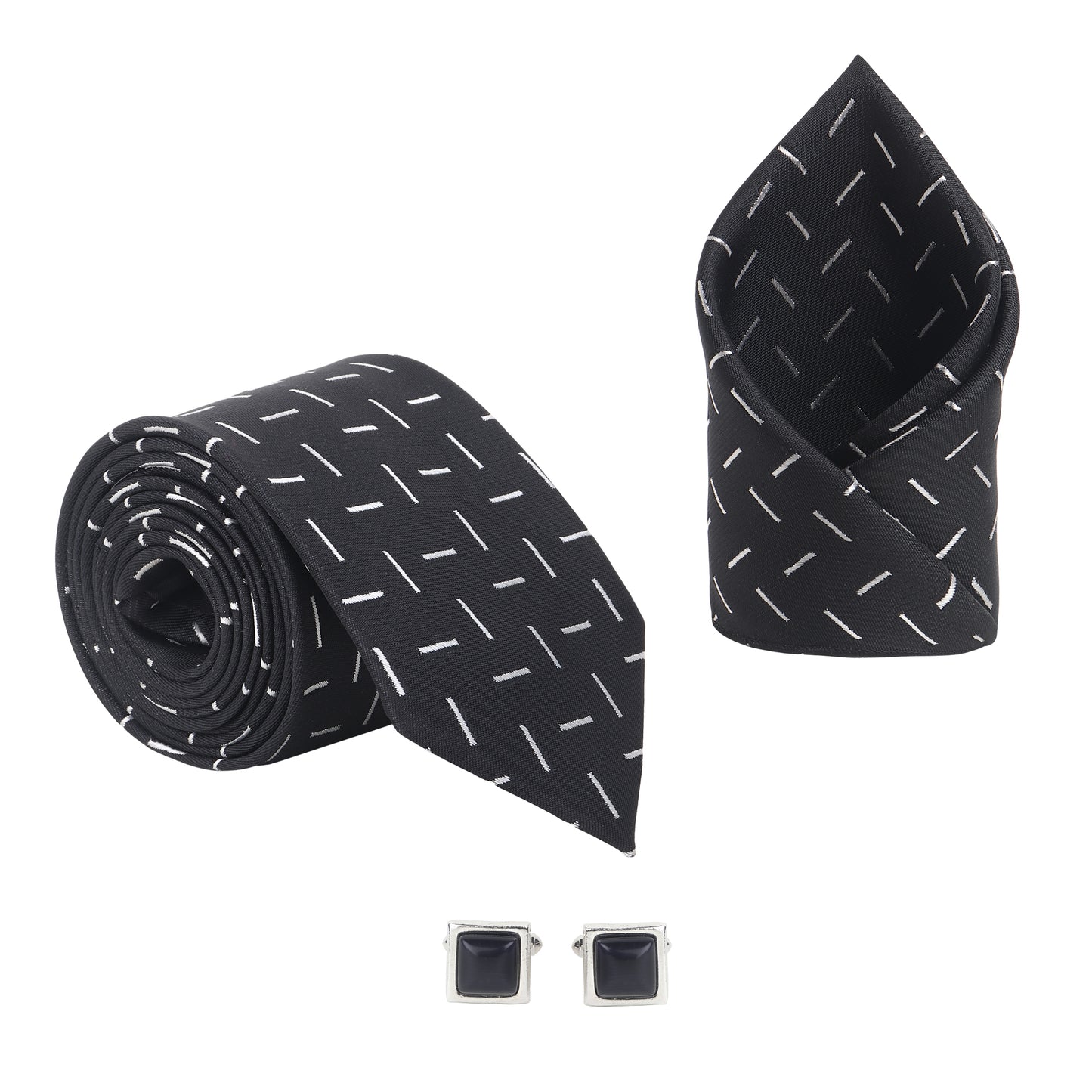 Kanthlangot Men’s 3-Piece Formal Set – Black Dash Tie, Pocket Square & Glossy Black Stone Cufflinks (3-Inch Necktie)