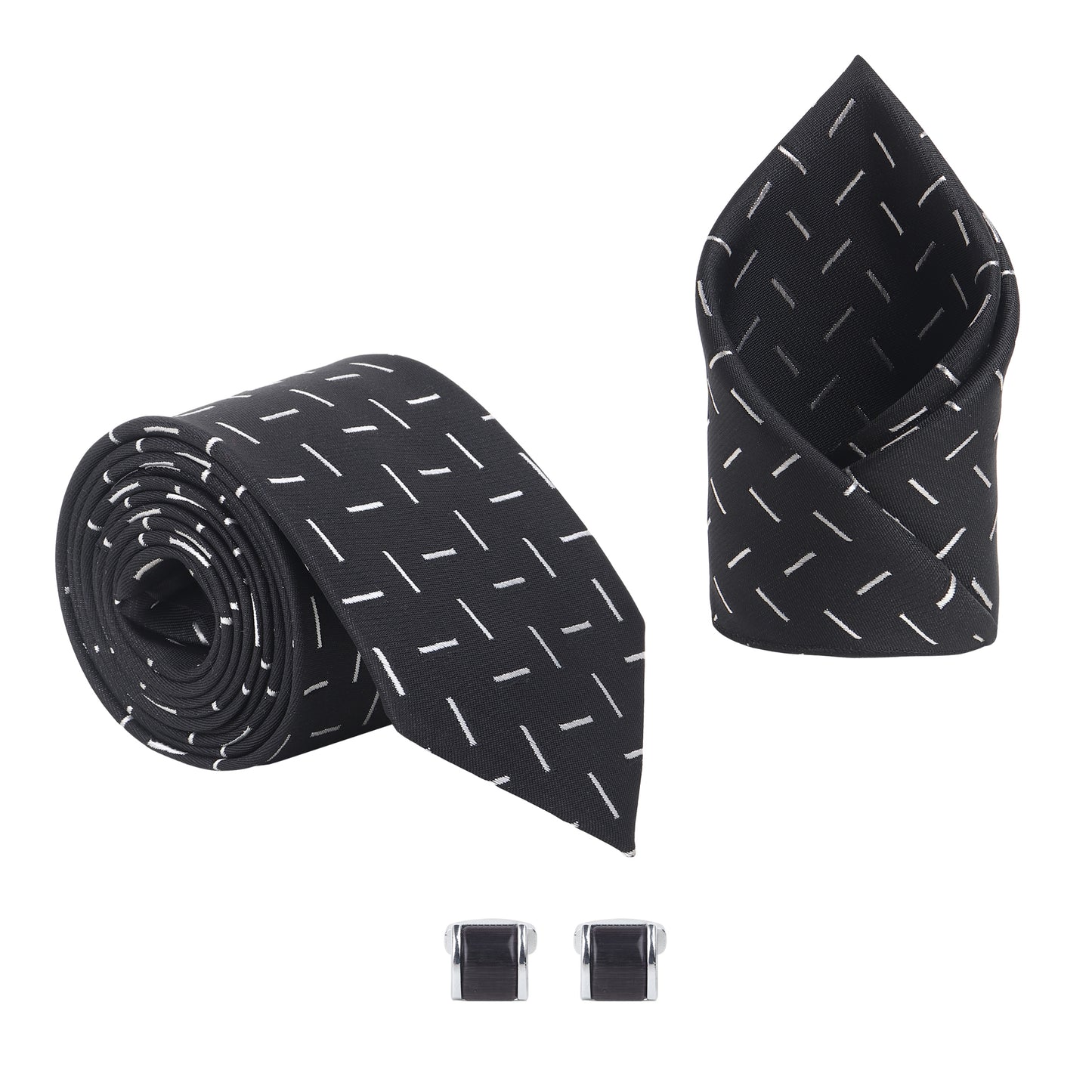 Kanthlangot Men’s 3-Piece Formal Set – Black Dash Pattern Tie, Pocket Square & Dark Silver Cufflinks (3-Inch Necktie)
