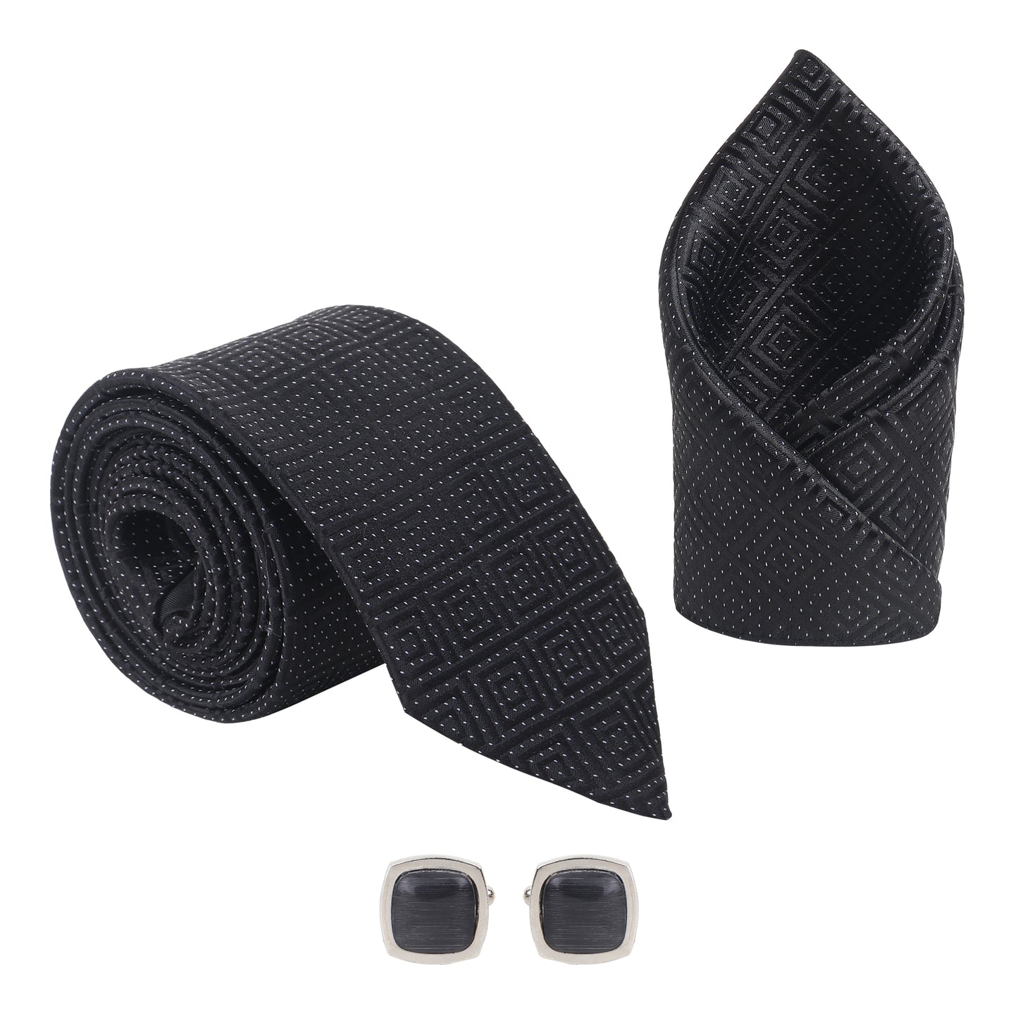 Kanthlangot Men’s 3-Piece Formal Set – Black Maze-Pattern Tie, Pocket Square & Brushed Black Cufflinks (3-Inch Necktie)