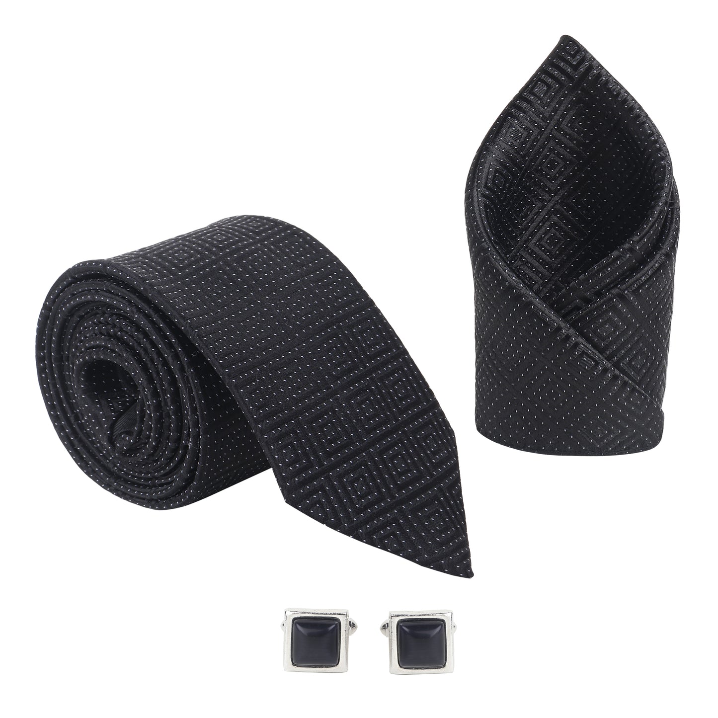 Kanthlangot Men’s 3-Piece Formal Set – Black Maze-Pattern Tie, Pocket Square & Jet Black Cufflinks (3-Inch Necktie)