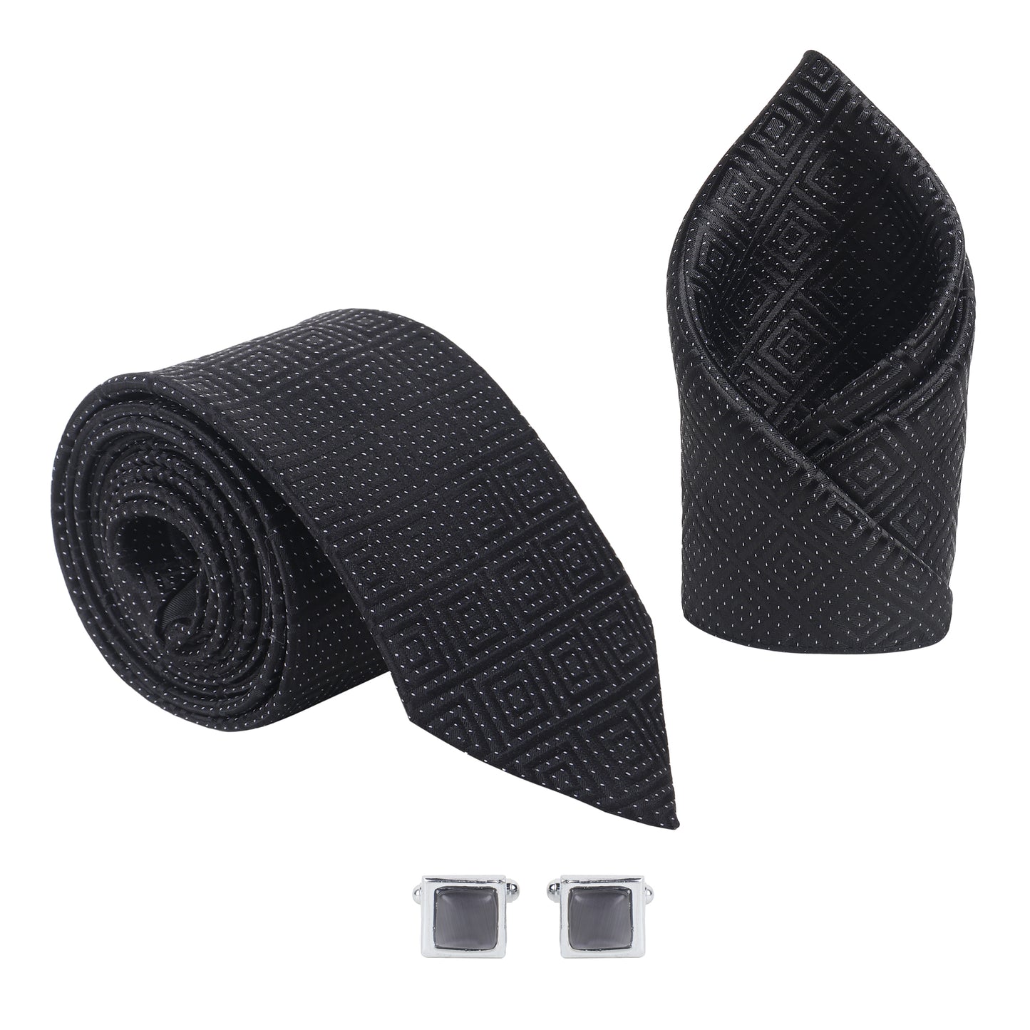 Kanthlangot Men’s 3-Piece Formal Set – Black Maze-Texture Tie, Pocket Square & Polished Grey Cufflinks (3-Inch Necktie)
