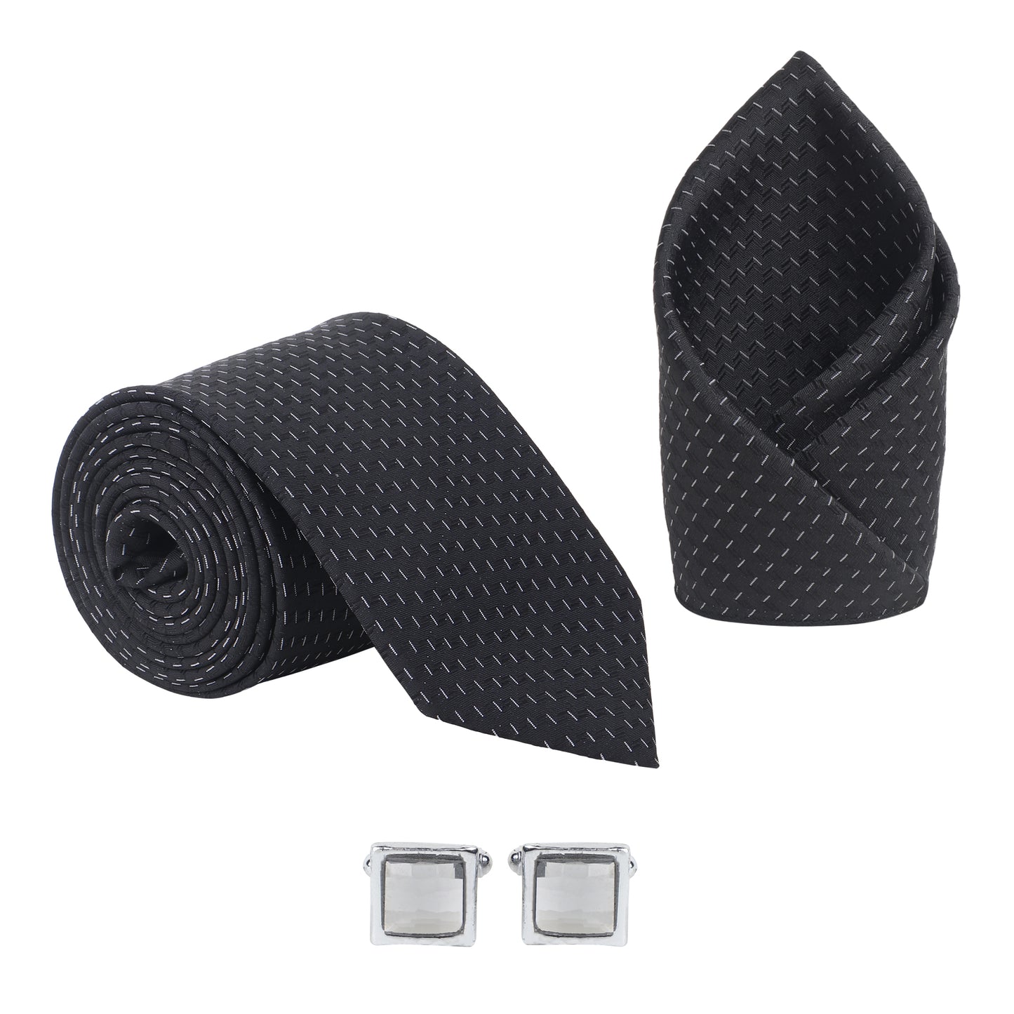 Kanthlangot Men’s 3-Piece Formal Set – Black Micro-Dash Tie, Pocket Square & Clear Stone Cufflinks (3-Inch Necktie)