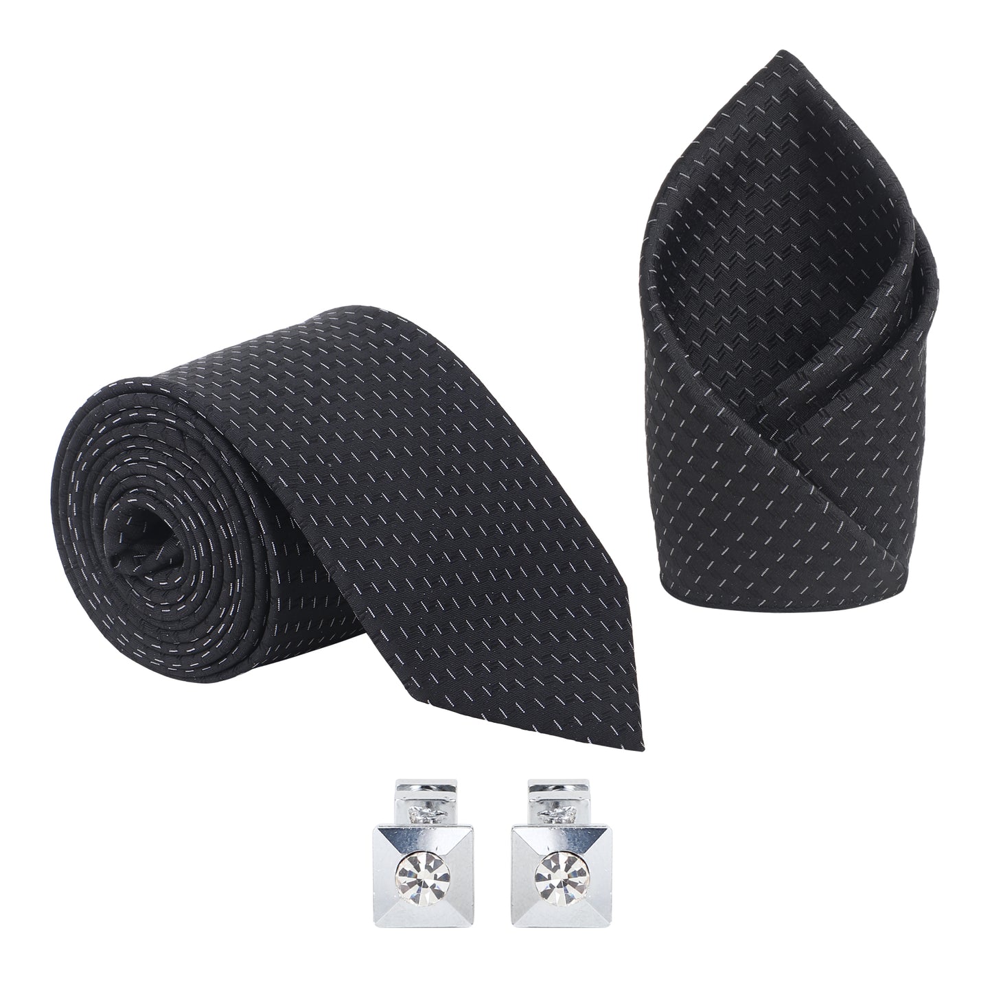 Kanthlangot Men’s 3-Piece Formal Set – Black Micro-Dash Tie, Pocket Square & Crystal Pyramid Cufflinks (3-Inch Necktie)