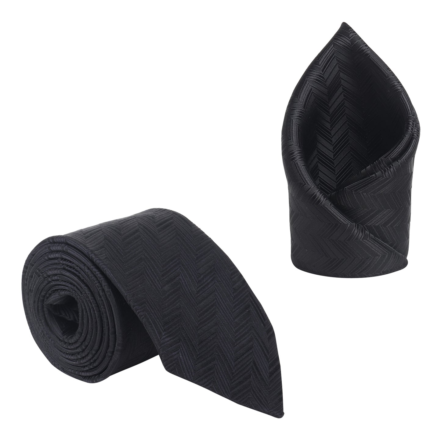 Kanthlangot Black Herringbone Necktie & Pocket Square Set