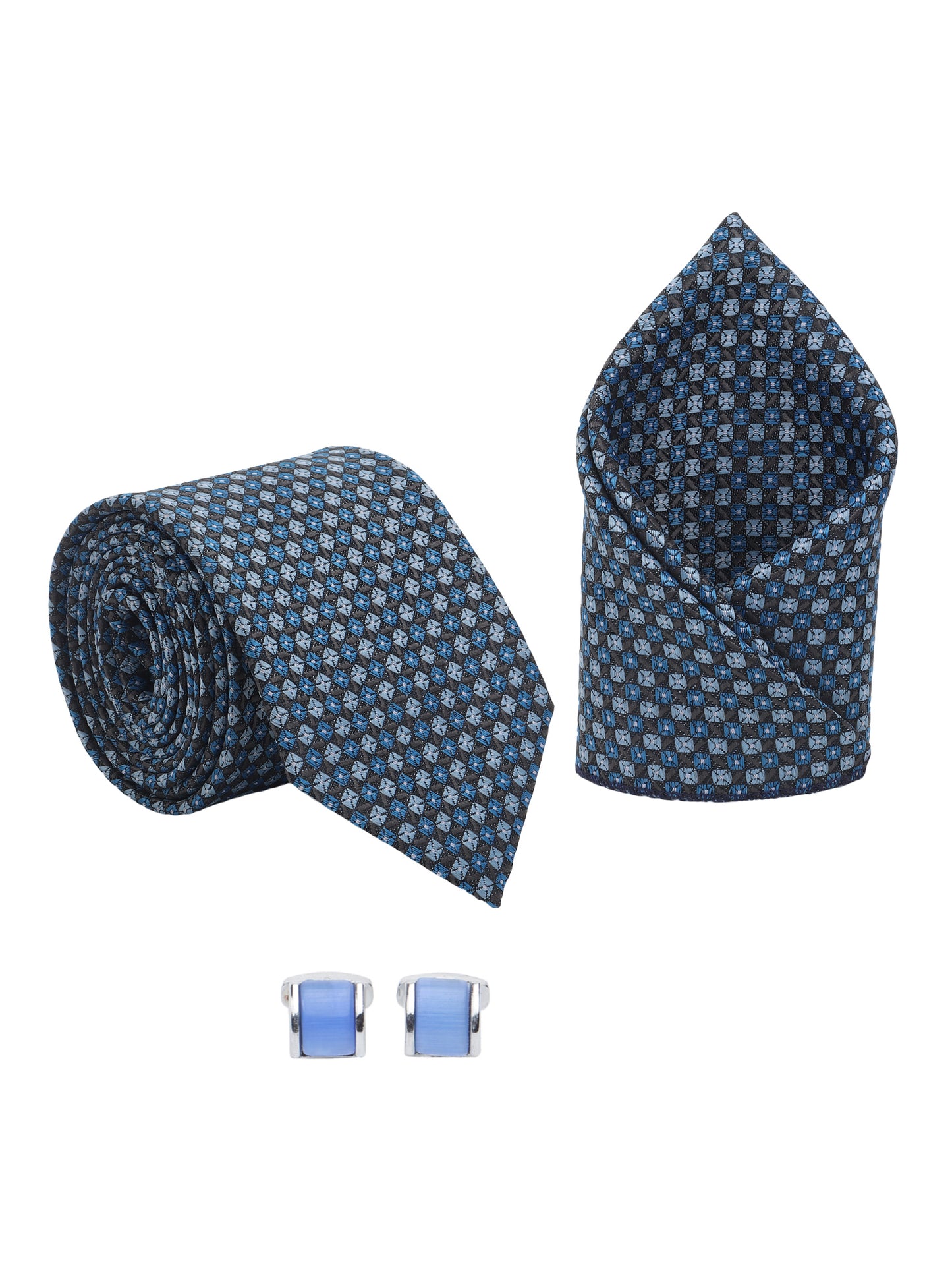 Kanthlangot Men’s 3-Piece Sky Blue Check Tie Set with Pocket Square & Gloss Blue Cufflinks (3-Inch Necktie)