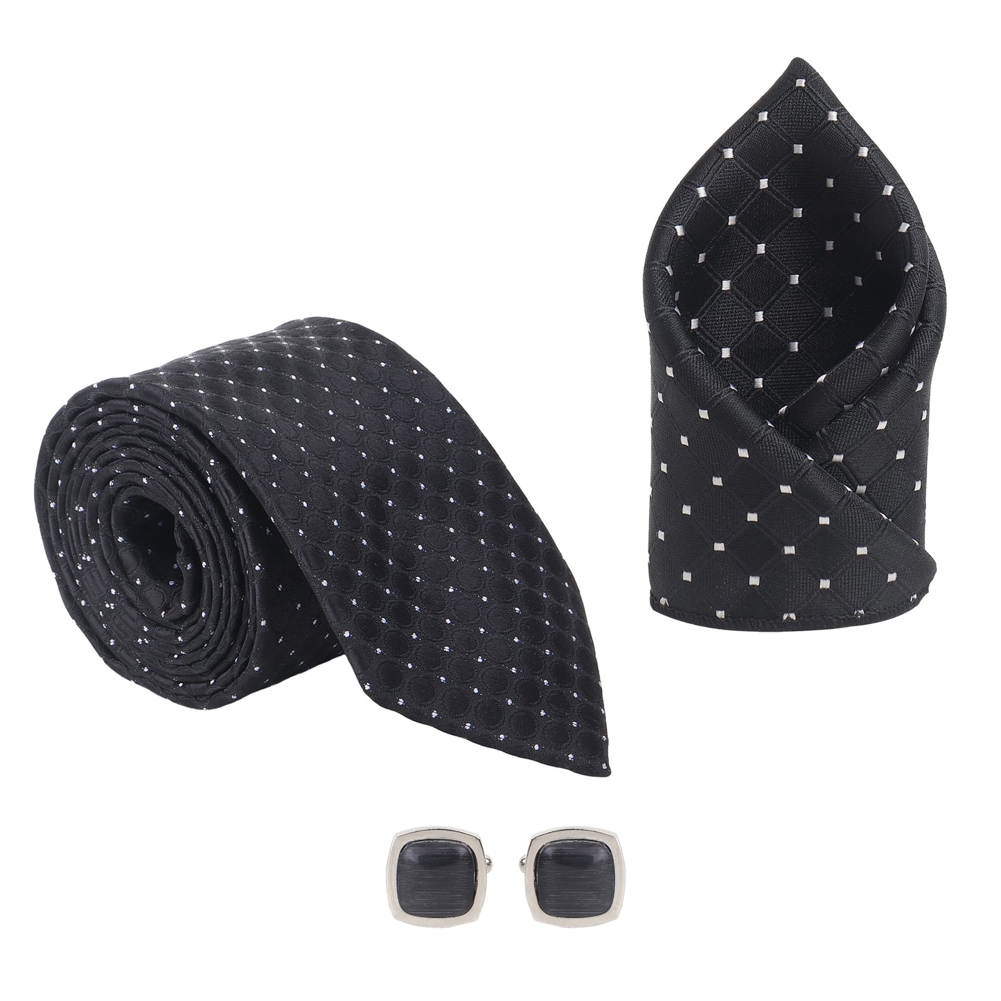 Kanthlangot Men’s 3-Piece Formal Set – Black Dot-Grid Tie, Pocket Square & Rounded Matte Black Cufflinks (3-Inch Necktie)