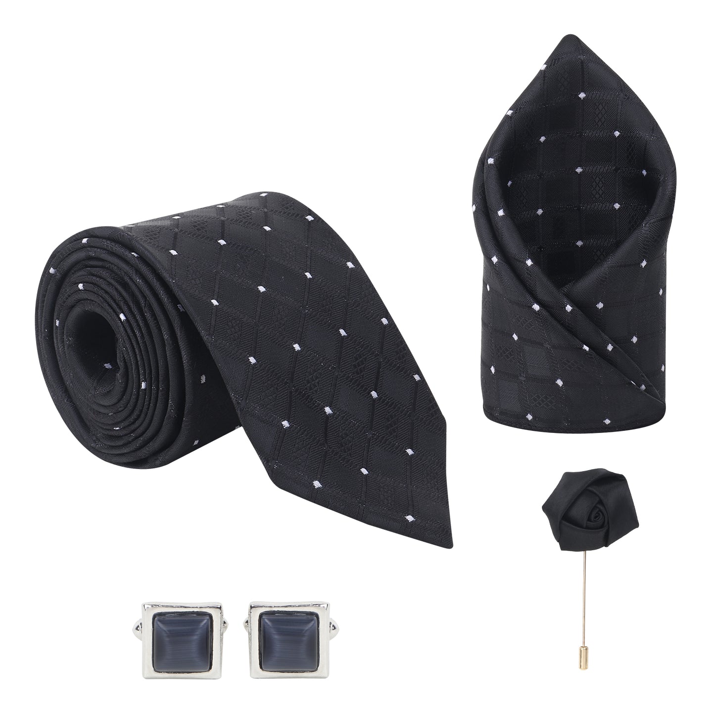 Kanthlangot Set of 4: Black Diamond-Pattern Necktie, Pocket Square, Blue Cufflinks & Lapel Pin in Premium Gift Box