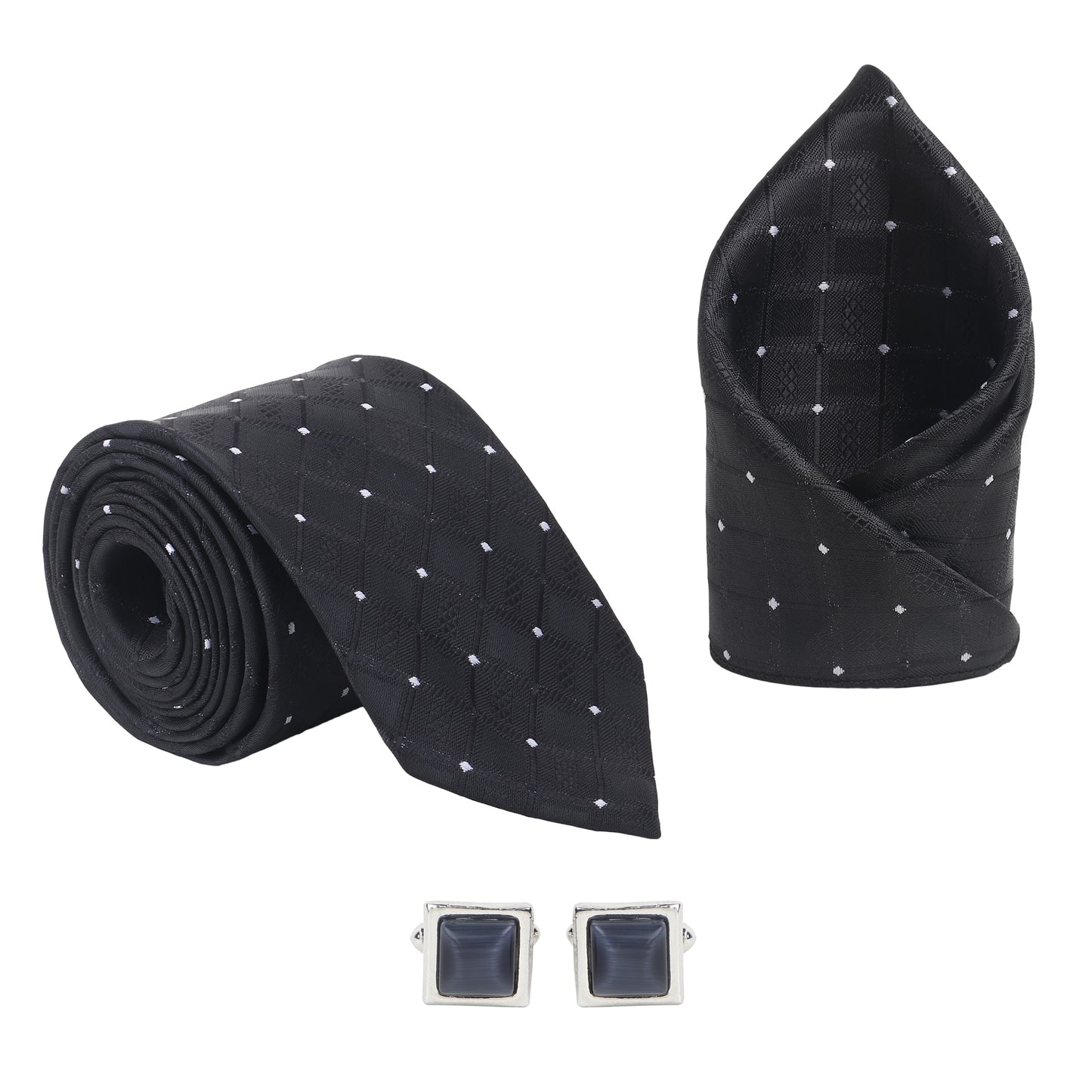 Kanthlangot Men’s 3-Piece Formal Set – Black Diamond Tie, Pocket Square & Grey Cat’s Eye Cufflinks (3-Inch Necktie)