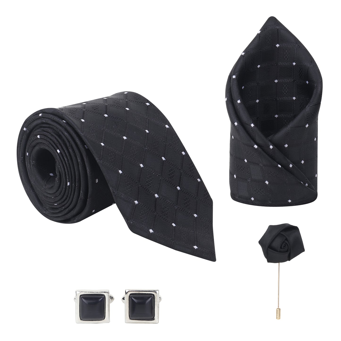 Kanthlangot Set of 4: Black Diamond-Pattern Tie, Pocket Square, Jet Black Square Cufflinks & Lapel Pin in Gift Box