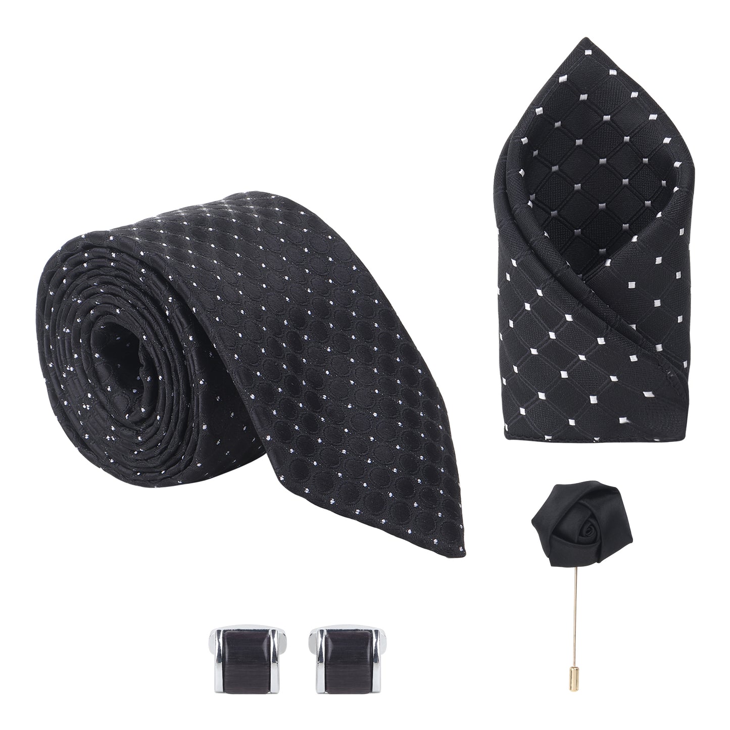 Kanthlangot Black Dot Textured Tie Set with Cufflinks, Pocket Square & Lapel Pin – Premium Gift Box