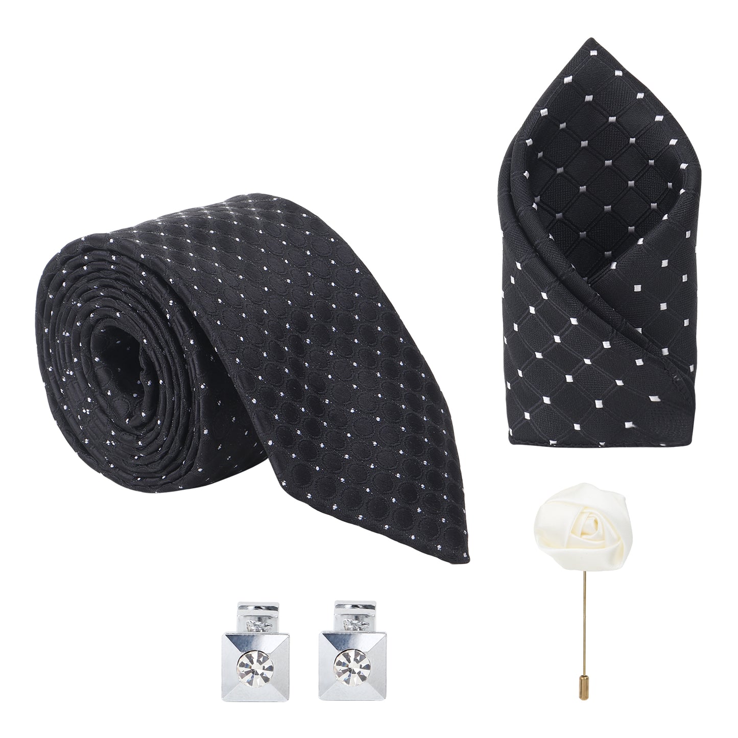 Kanthlangot grey-black striped necktie gift set of 4 with pocket square, cufflinks & lapel pin. 3”x58”. Dry clean only. Stylish & gift-ready.
