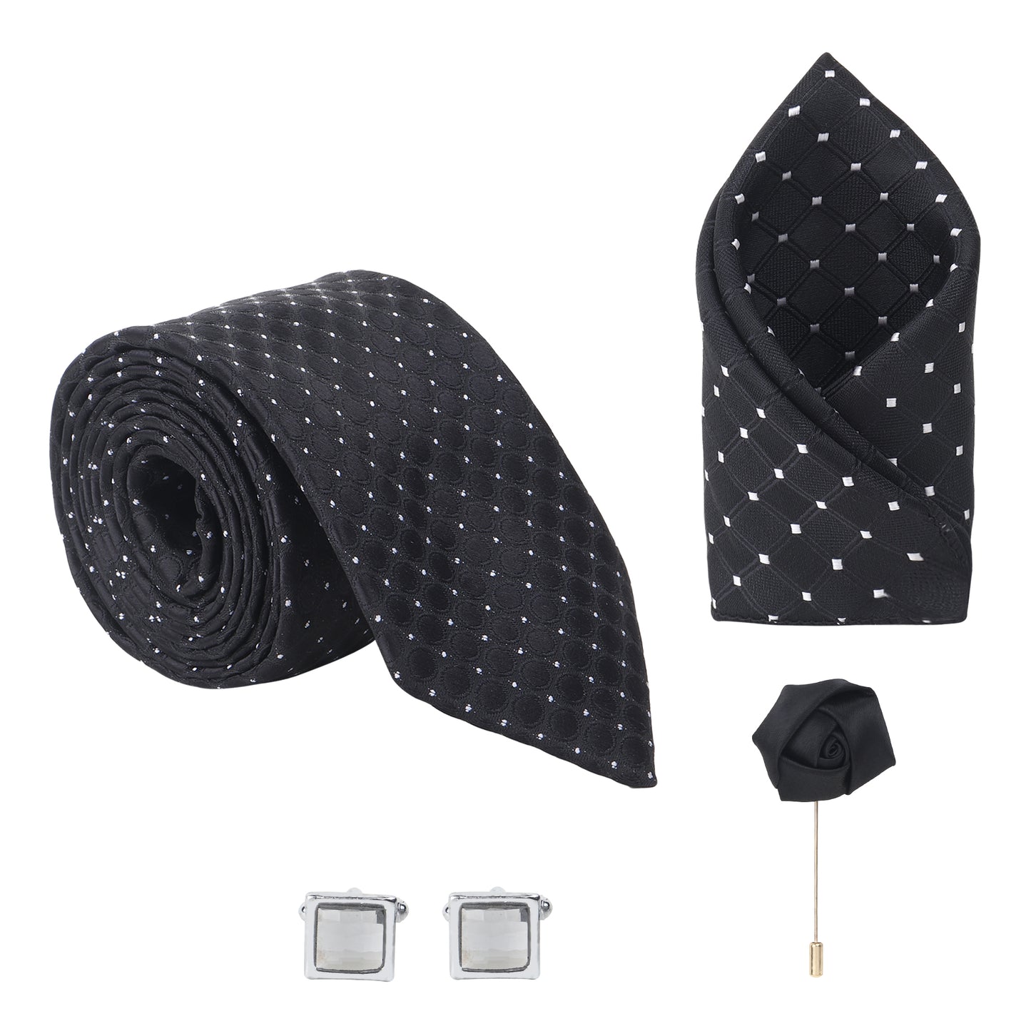 Kanthlangot Black Dotted Circle Necktie Set of 4 with Pocket Square, Cufflinks & Lapel Pin