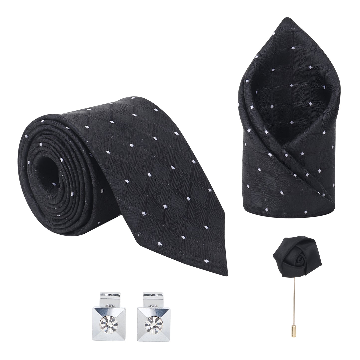 Kanthlangot Set of 4: Black Diamond Necktie, Pocket Square, Crystal Cufflinks & Lapel Pin in Premium Gift Box