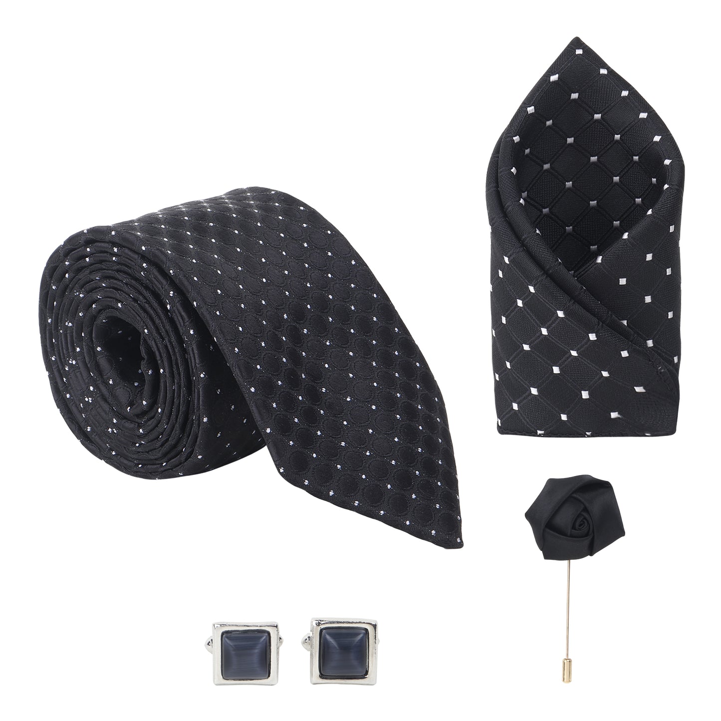 Kanthlangot Black Embossed Dot Tie Set with Square Cufflinks, Pocket Square & Lapel Pin – Premium Gift Box