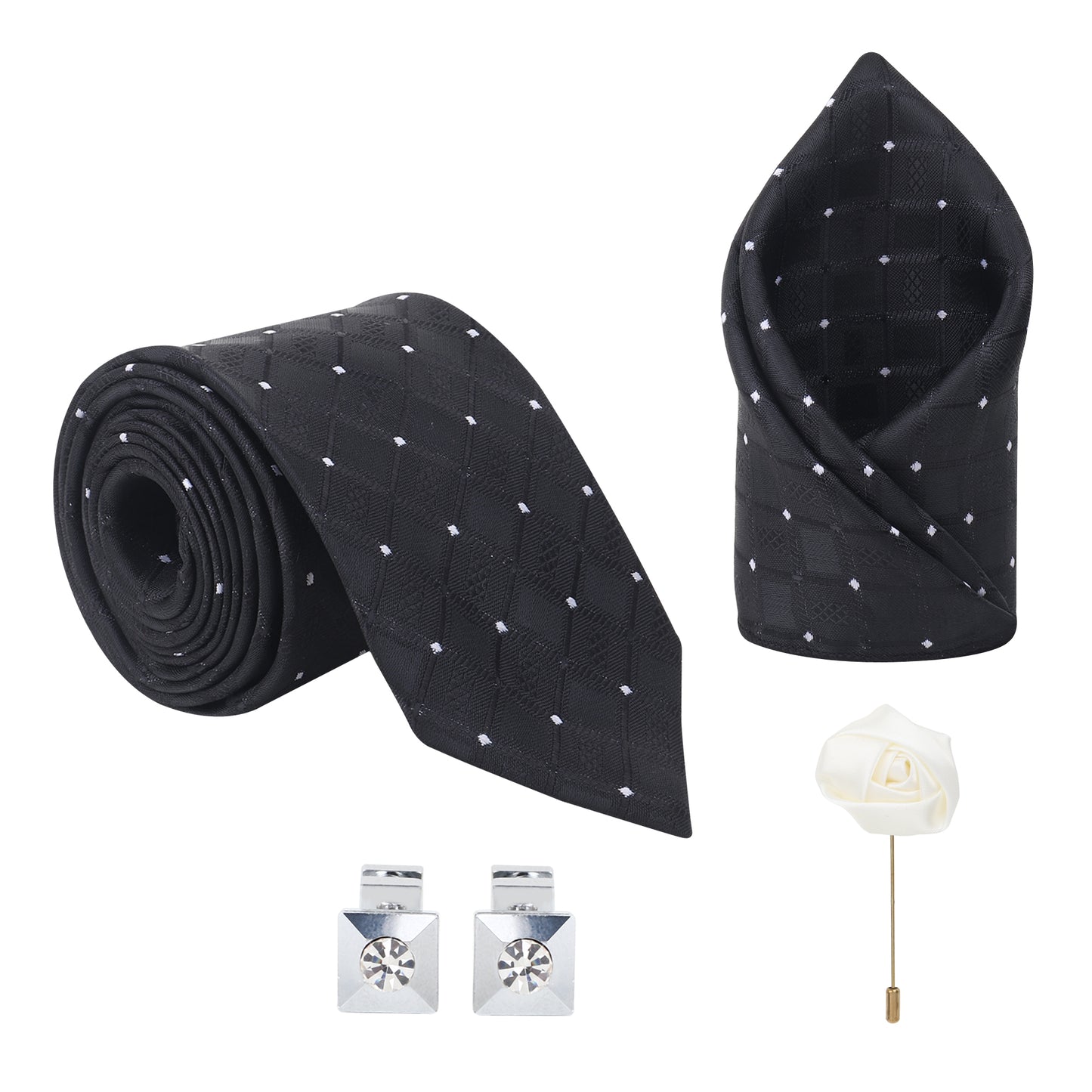 Kanthlangot Set of 4: Black Diamond Texture Tie, Pocket Square, Silver Cufflinks & White Lapel Pin in Premium Gift Box