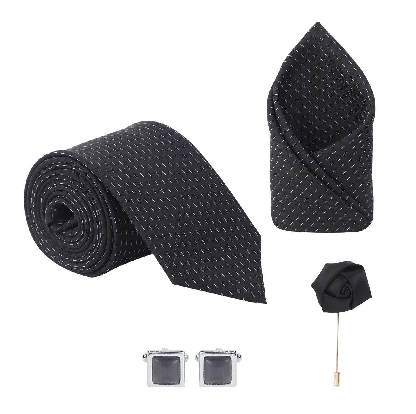 Kanthlangot Black Dotted Necktie Set with Pocket Square, Cufflinks & Lapel Pin – Set of 4 Gift Box