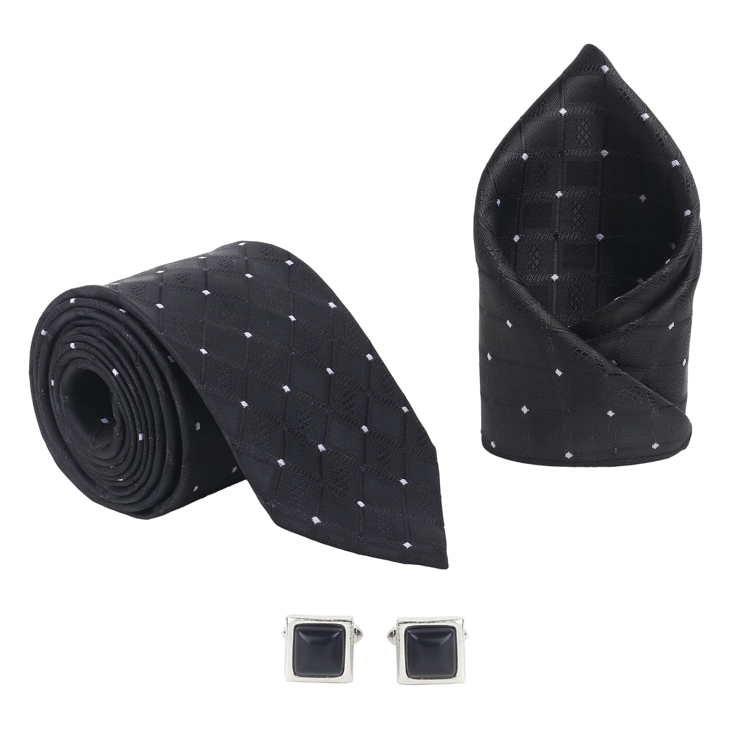 Kanthlangot Men’s 3-Piece Formal Set – Black Diamond Tie, Pocket Square & Square Jet Black Cufflinks (3-Inch Necktie)