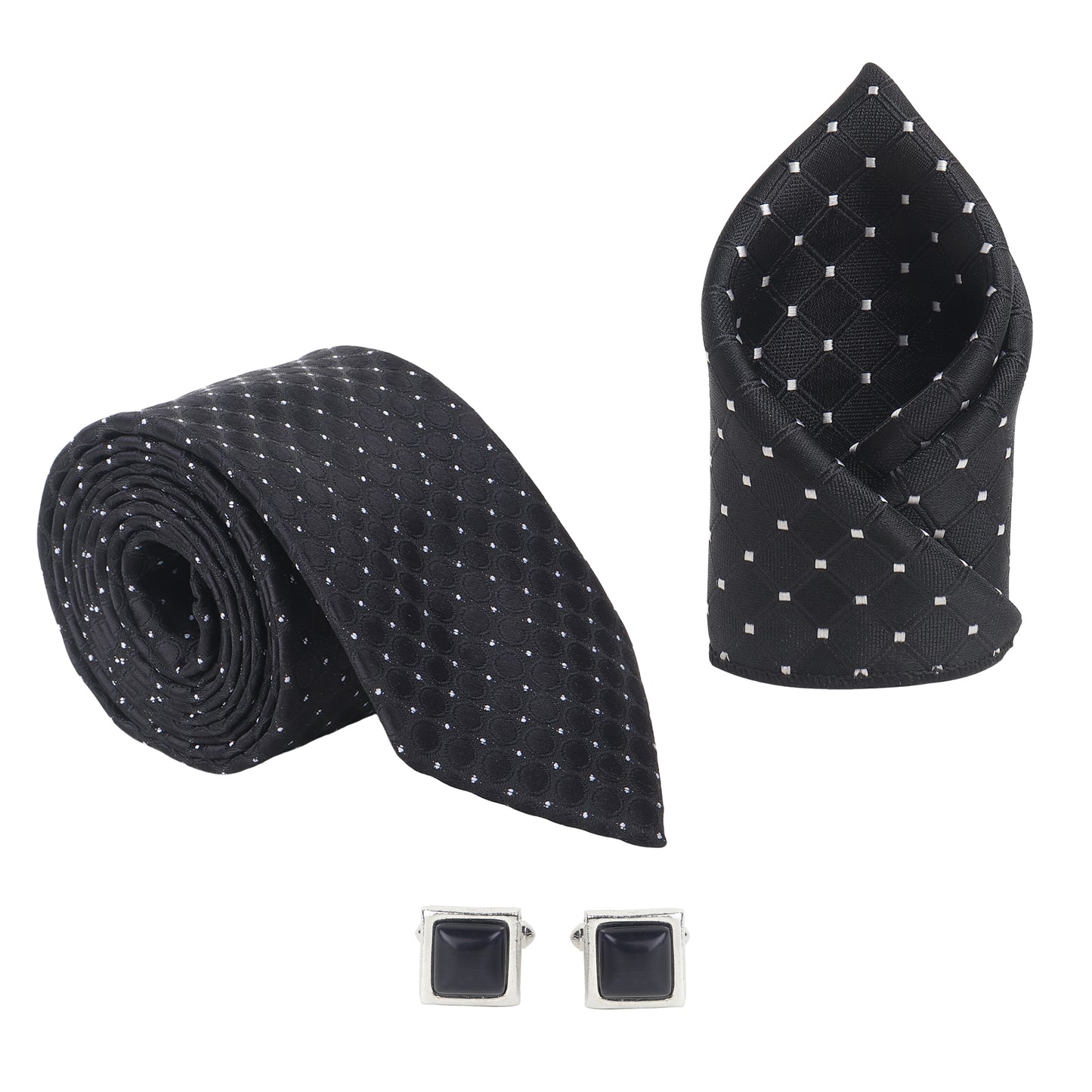 Kanthlangot Men’s 3-Piece Formal Set – Black Dot-Grid Tie, Pocket Square & Square Jet Black Cufflinks (3-Inch Necktie)