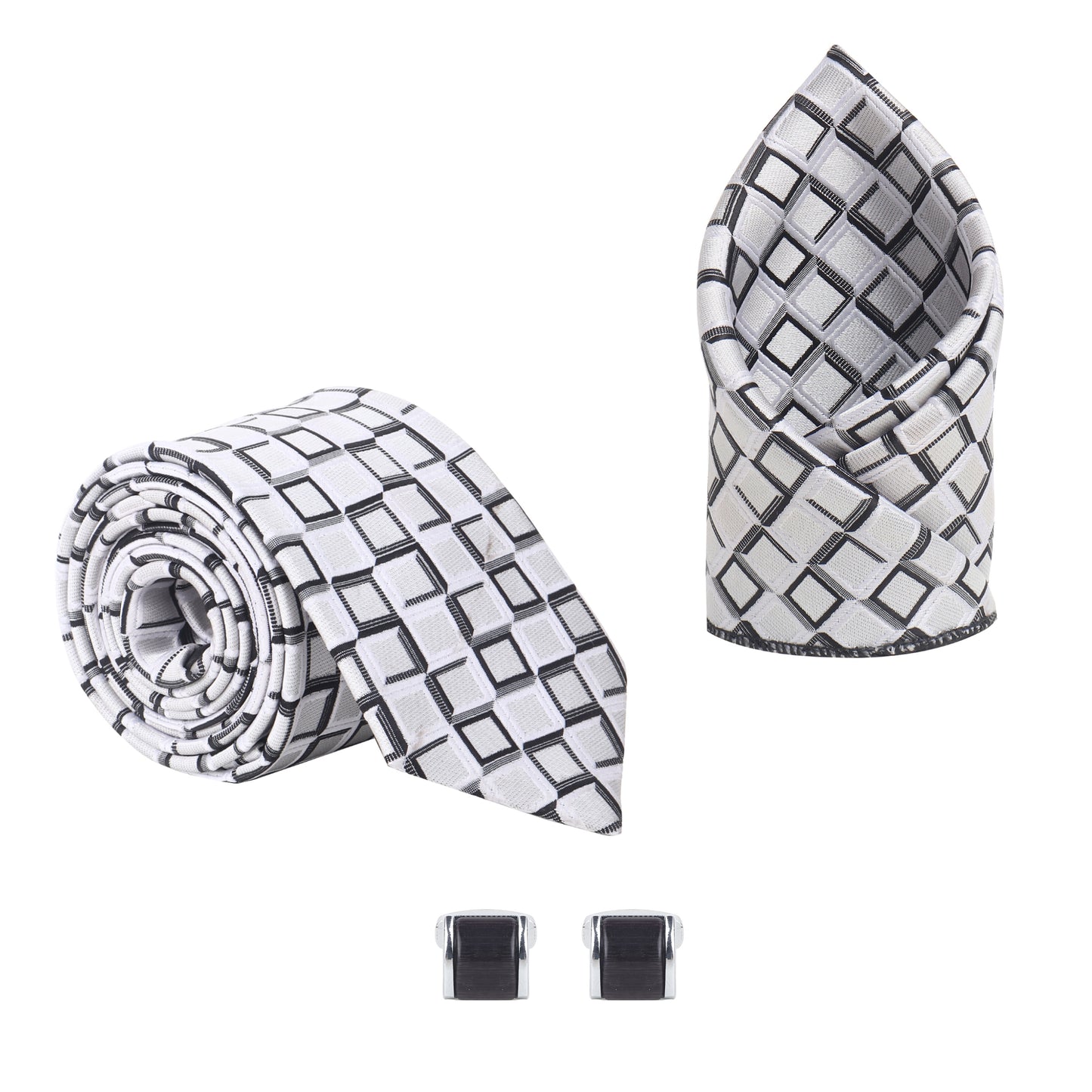 Kanthlangot Men’s 3-Piece Formal Set – Geometric Square Tie, Pocket Square & Black Stone Cufflinks (3-Inch Necktie)