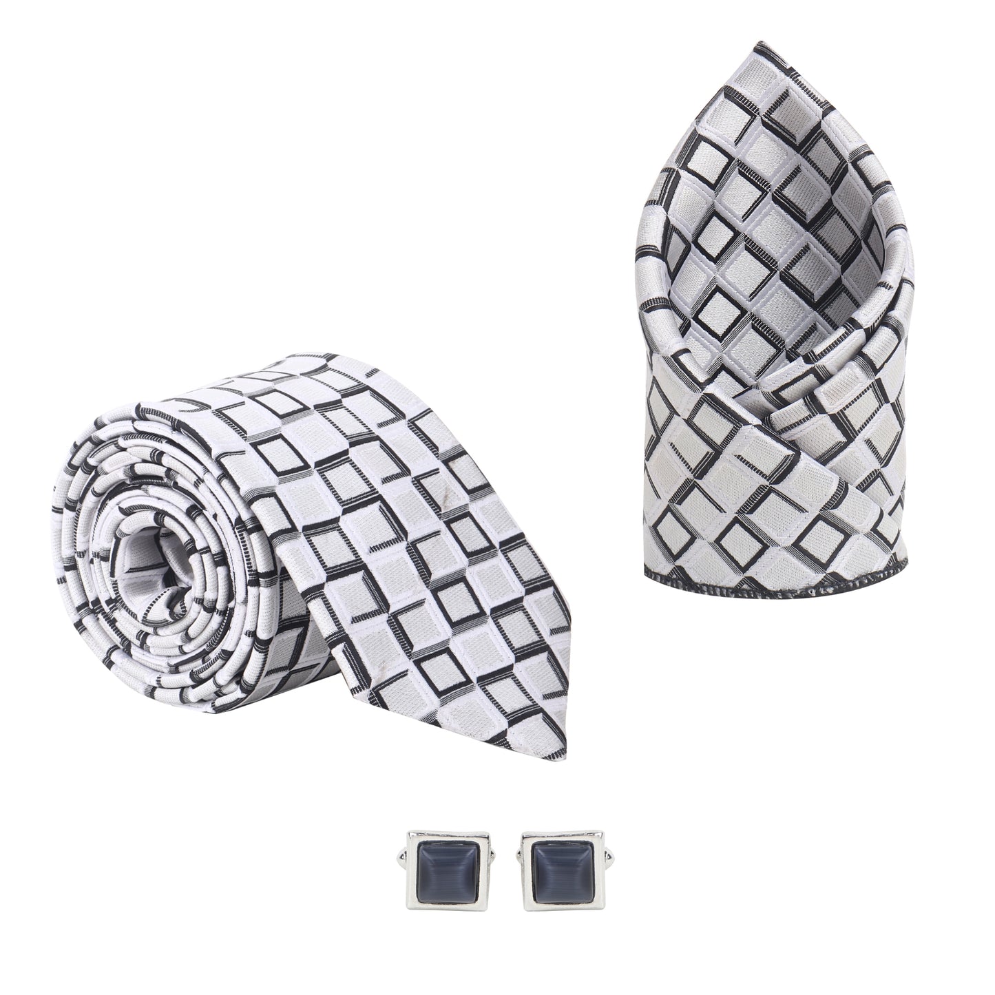 Kanthlangot Men’s 3-Piece Formal Set – Geometric Square Tie, Pocket Square & Black Stone Cufflinks (3-Inch Necktie)