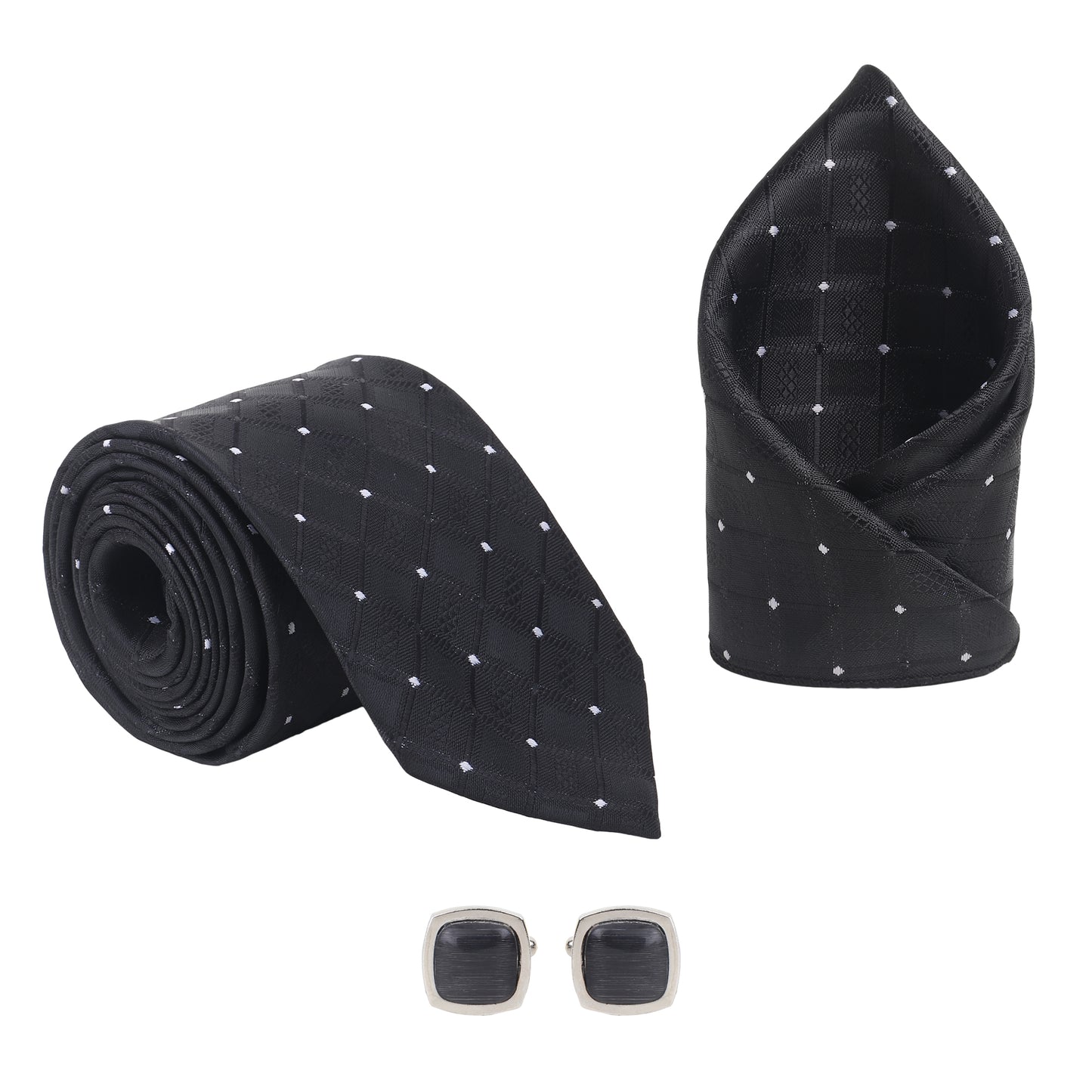 Kanthlangot Men’s 3-Piece Formal Set – Black Diamond Tie, Pocket Square & Rounded Matte Black Cufflinks (3-Inch Necktie)