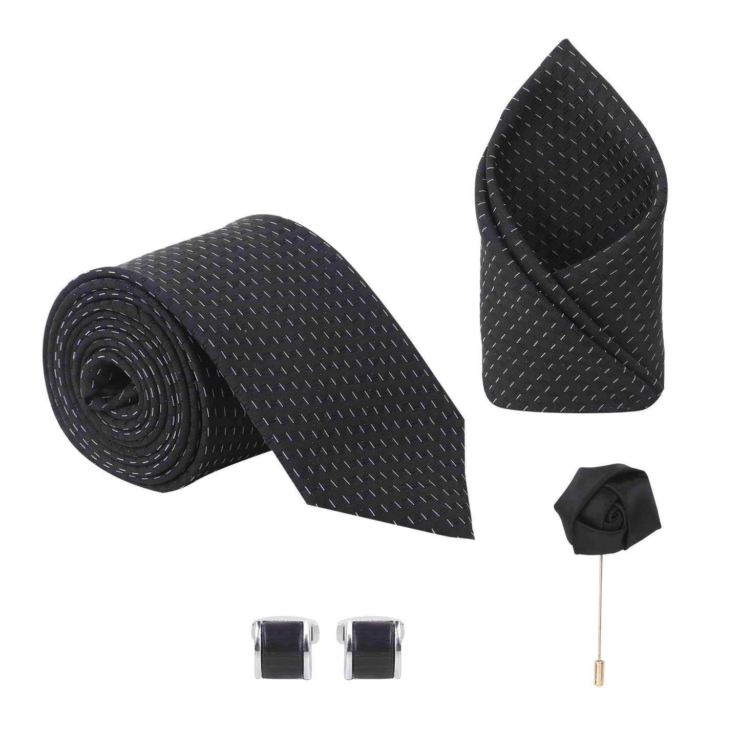Kanthlangot Black Textured Necktie Set with Pocket Square, Cufflinks & Lapel Pin – Gift Set of 4