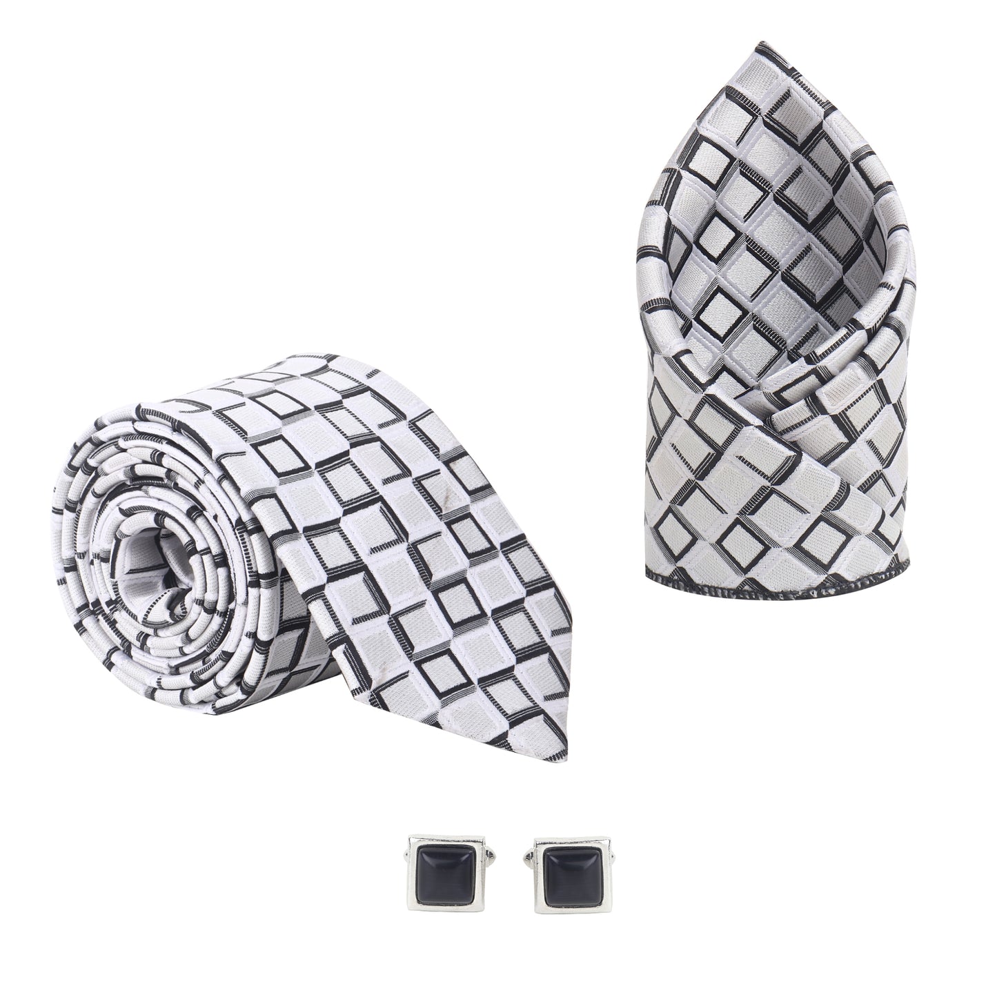 Kanthlangot geometric tie set with pocket square & black stone cufflinks. Stylish, premium set perfect for weddings, business, and gifting.