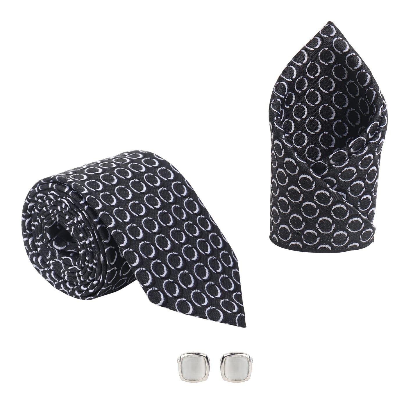 Kanthlangot Men’s 3-Piece Formal Set – Black Circle Pattern Tie, Pocket Square & Cufflinks (3-Inch Necktie)