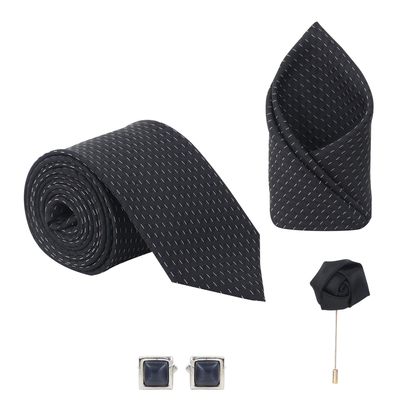 Kanthlangot Black Microdash Necktie Set with Pocket Square, Cufflinks & Lapel Pin – Set of 4 for Men