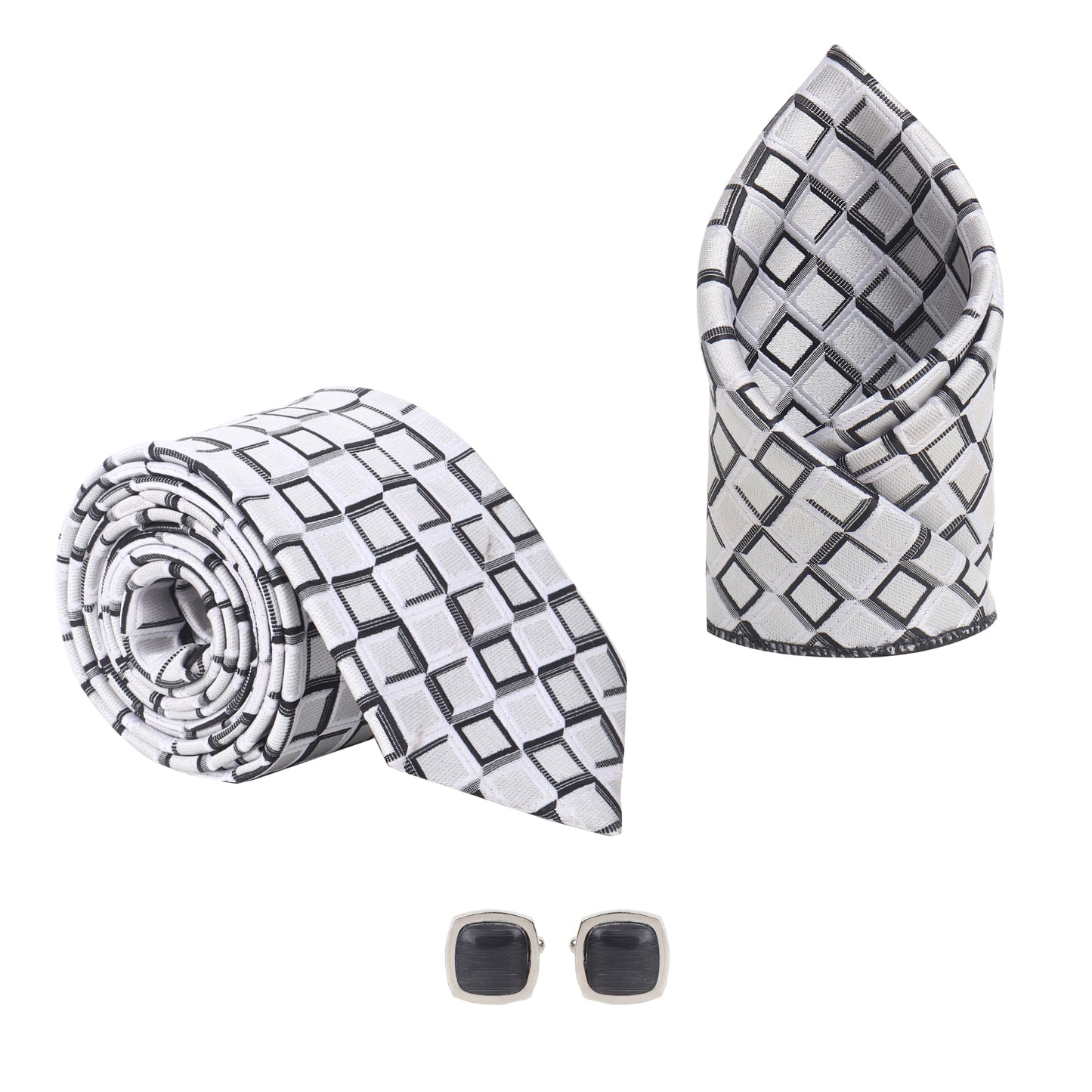 Kanthlangot Men’s 3-Piece Formal Set – Geometric Square Tie, Pocket Square & Black Stone Cufflinks (3-Inch Necktie)