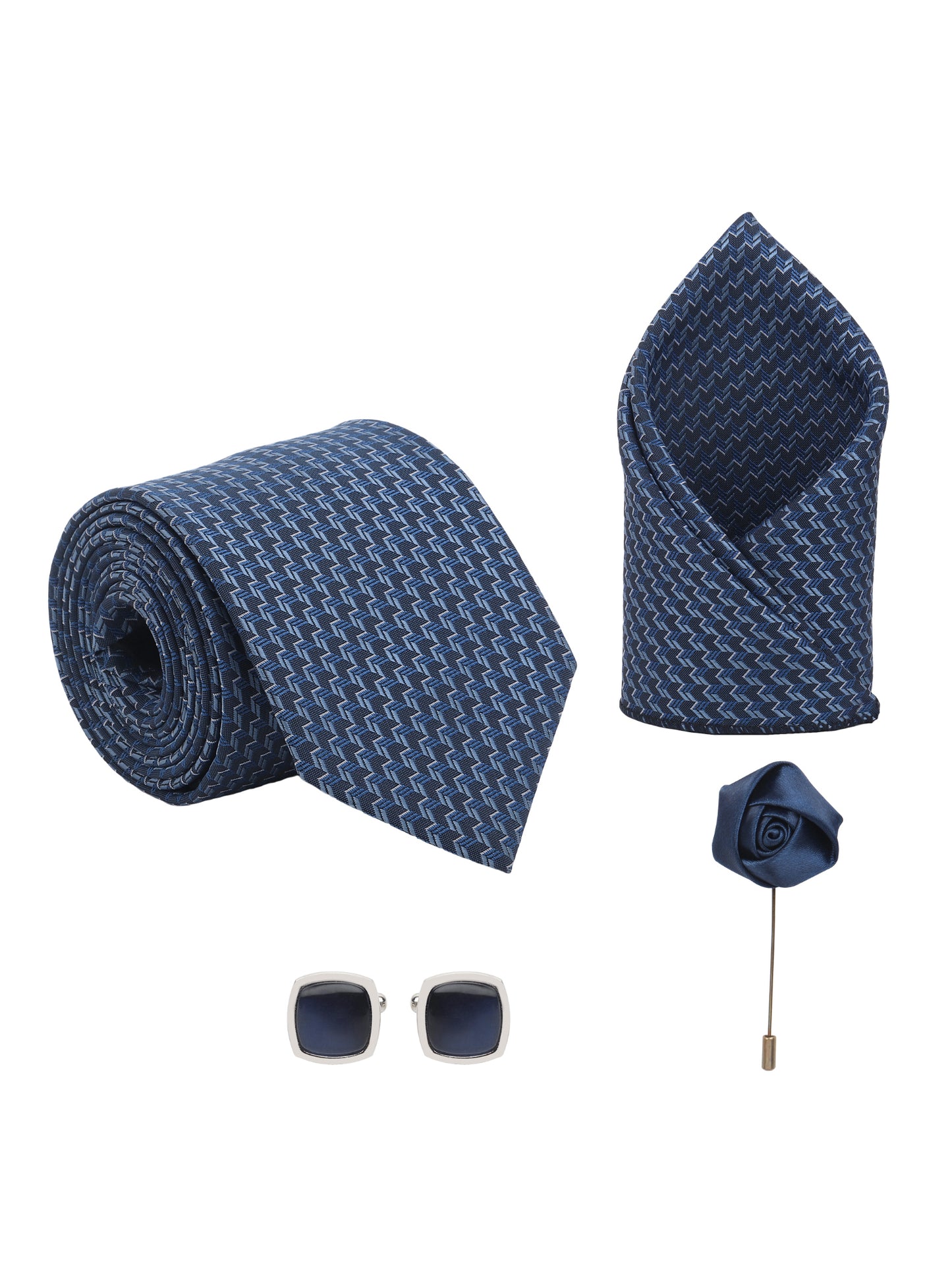 Kanthlangot Navy Zigzag Tie Gift Set with Pocket Square, Black Square Cufflinks & Satin Lapel Pin