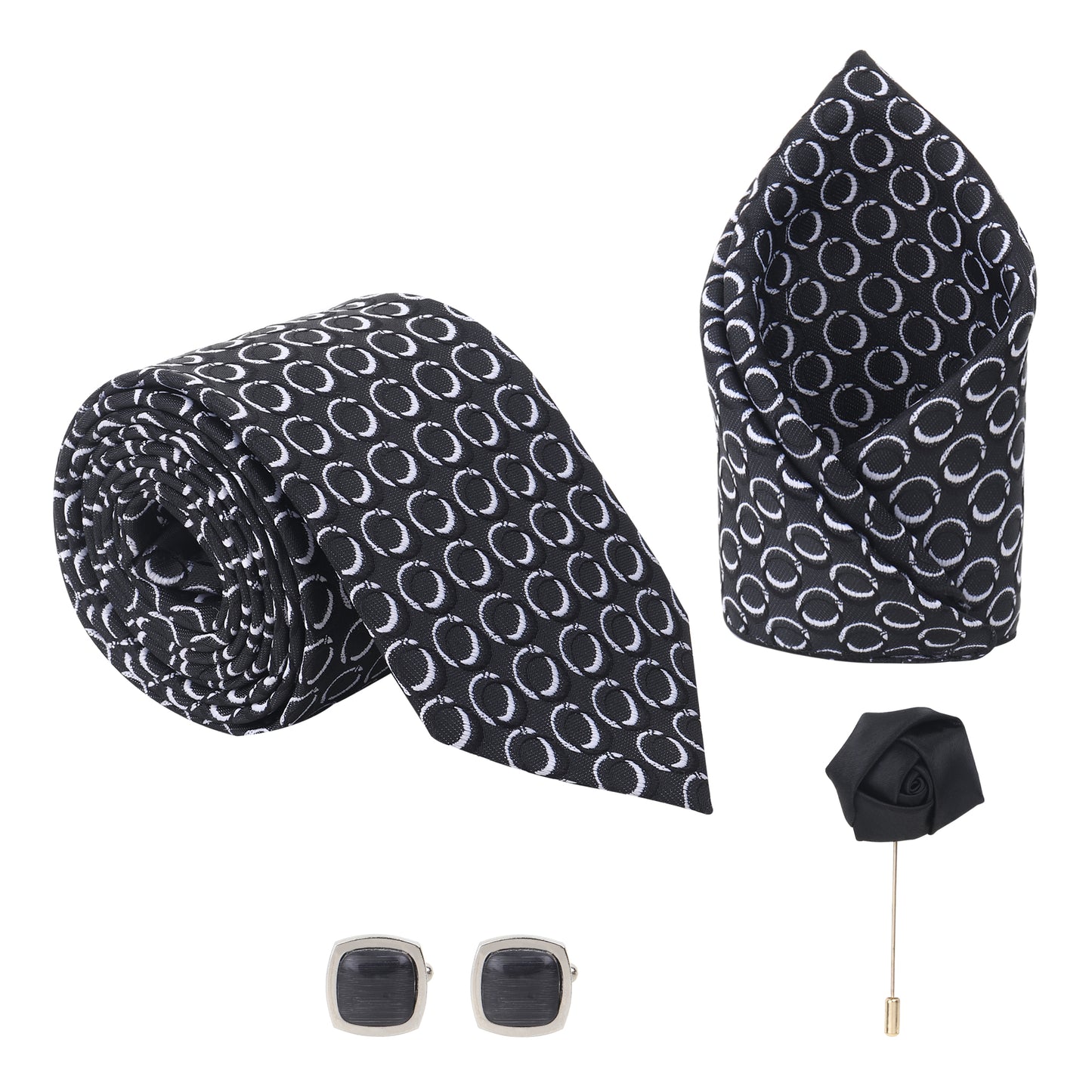 Kanthlangot Set of 4: Black Tie with White Rings, Pocket Square, Glossy Cufflinks & Lapel Pin in Gift Box